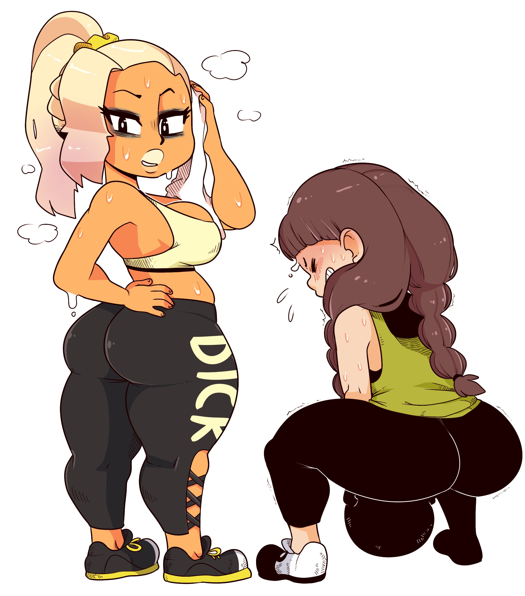 2girls, ass, big ass, black eyes, blonde hair, braid, braided hair, braided twintails, breasts, brown hair, exercise, fat ass, female, female only, gats, gyaru, gym thots (nuclearwasabi & gats), large ass, leggings, light skin, light-skinned female, looking back, medium breasts, multiple females, multiple girls, nuclearwasabi, original, original character, original characters, shortstack, sideboob, squatting, sweat, sweating, sweaty, tagme, tank top, thick thighs, thighs, white background, workout