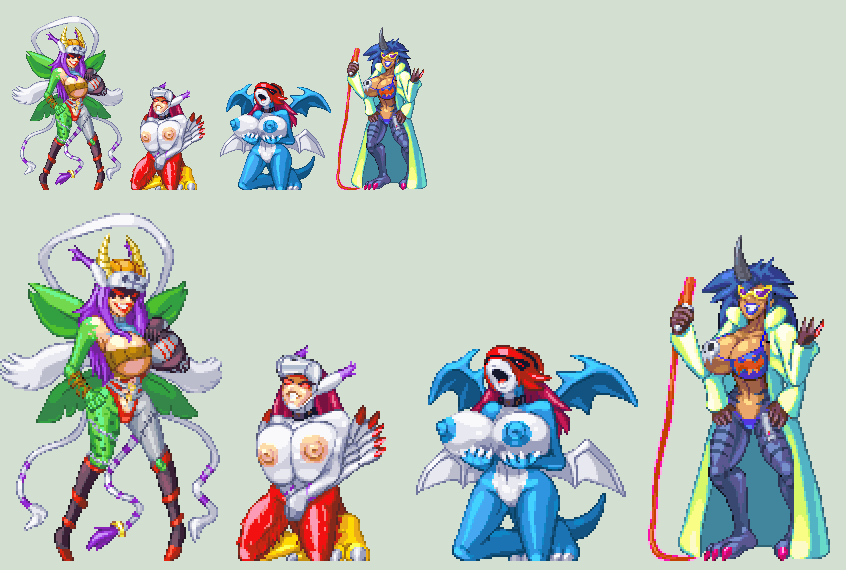 4girls anthro areolae blue_hair breasts casetermk cleavage corruption digimon digimon_adventure_02 female female_only ken_ichijouji kimeramon large_breasts miyako_inoue multiple_girls nipples nude paildramon purple_hair rule_63 silphymon smile sprite_art tagme