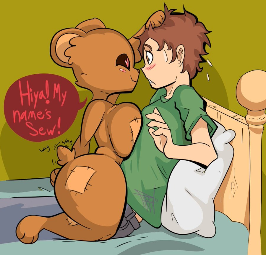 1boy 1boy1girl 1girls animal_ears anthro anthro_on_human bear bear_ears bear_girl bed bedroom bedroom_eyes blush breast_press breasts brown_hair curvy curvy_female english_text excited fluffy furry grabbing_hair green_shirt hands_behind_back hands_on_ass heart heart-shaped_pupils human imminent_sex indoors large_breasts laying_on_bed nervous outline partially_clothed phrenpai pillow sew_(phrenpai) shirt smile smiling stuffed_animal sweat sweatdrop tail tailwag teddy_bear teddy_bear_(species) text text_bubble thick thick_thighs toy unknown_character unknown_male voluptuous