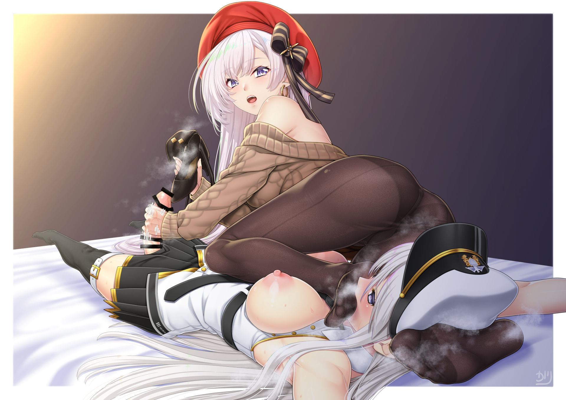 1futa, 1girls, ass, azur lane, bed, belfast (azur lane), belfast (shopping with the head maid) (azur lane), big breasts, breasts, breasts out, censor bar, censored, clothed, clothing, duo, enterprise (azur lane), erection, female, femdom, foot fetish, foot on face, fully clothed, futa on female, futa with female, futanari, gentle femdom, handjob, hat, human, intersex, large breasts, light skin, light-skinned female, light-skinned futa, military uniform, mostly clothed, multiple females, multiple girls, on back, osafune kairi, pale skin, pantyhose, penis, skirt, smell, steam, steaming body, steamy feet, thighhighs, white hair