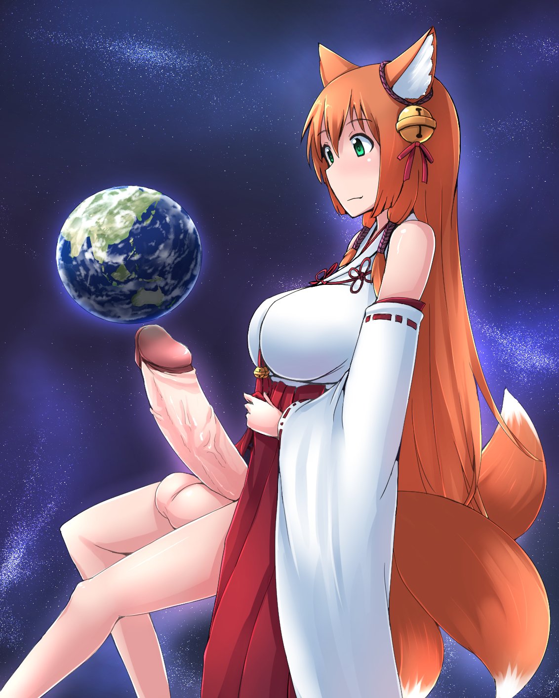 1futa animal_ears balls big_balls big_breasts big_penis breasts clothed clothing cysh detached_sleeves earth erect_penis erection fox_ears fox_girl fox_tail futa_giantess futa_only futanari giant_futanari giantess huge_cock humanoid humanoid_penis kemonomimi kitsune light-skinned_futanari light_skin macro macro_futa micro_on_macro mostly_clothed ochiko_terada outer_space penis planet planetary planetary_macro solo space testicles