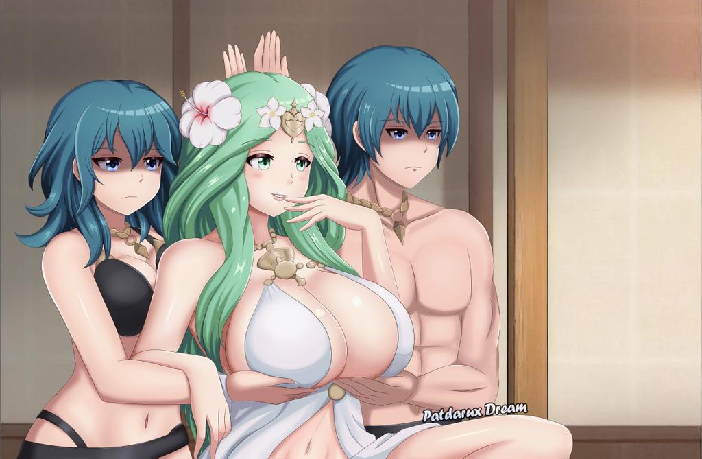 1boy 2girls abs alternate_costume artist_name bikini black_bikini black_swimsuit blue_eyes breasts byleth_(fire_emblem) byleth_(fire_emblem)_(female) byleth_(fire_emblem)_(male) byleth_(summer)_(fire_emblem)_(female) cleavage dress dual_persona english_commentary expressionless female fire_emblem fire_emblem:_three_houses fire_emblem_heroes flower green_eyes hair_flower hair_ornament jewelry large_breasts long_hair male medium_breasts meme multiple_girls necklace nintendo official_alternate_costume patdarux rhea_(fire_emblem) rhea_(summer)_(fire_emblem) servants_holding_aphrodite's_breasts_(meme) swimsuit toga white_bikini white_dress white_swimsuit