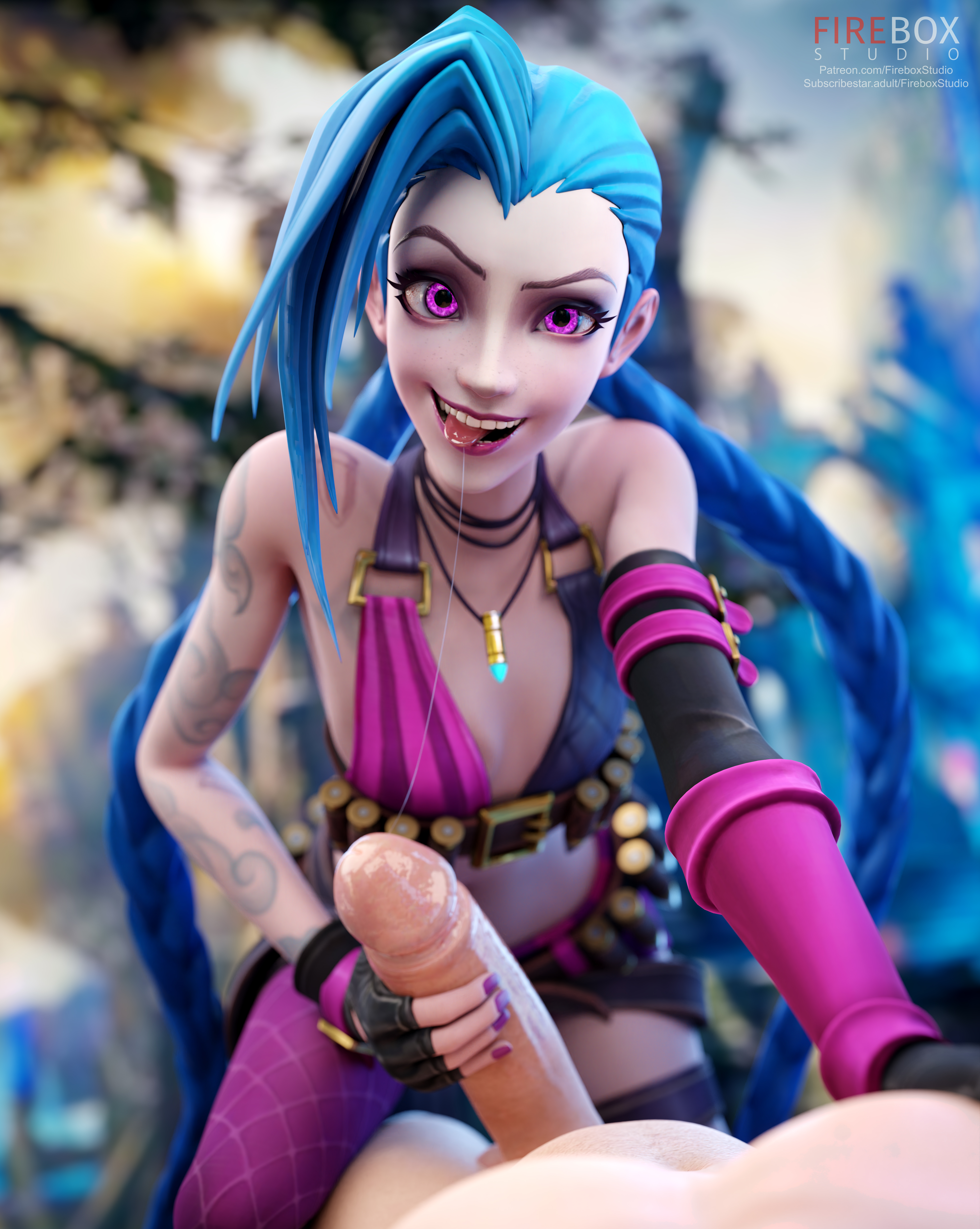 3d, 3d (artwork), athletic, athletic female, blender, blue hair, breasts, clothing, female, fireboxstudio, human, jinx (league of legends), job, league of legends, long hair, male, male/female, nude, nude male, penis, riot games, saliva, small breasts, smile, straight, unseen male face, violet eyes
