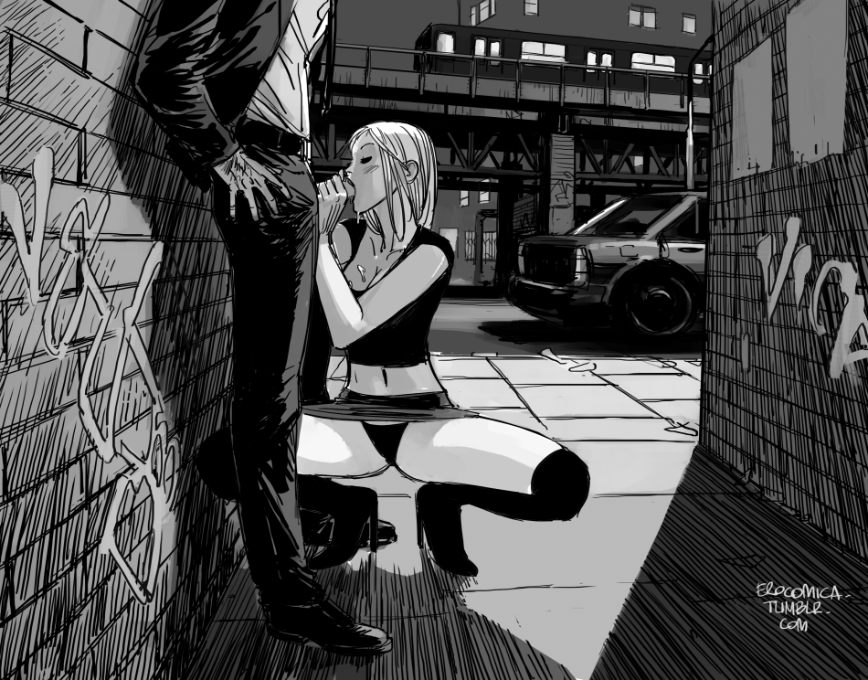 1boy 1girls alley au_(artist) black_and_white blowjob boli-blog carl_(artist) clothed cum cum_on_breasts faceless_male graffiti high_heel_boots navel oral panties public skirt squatting thighs