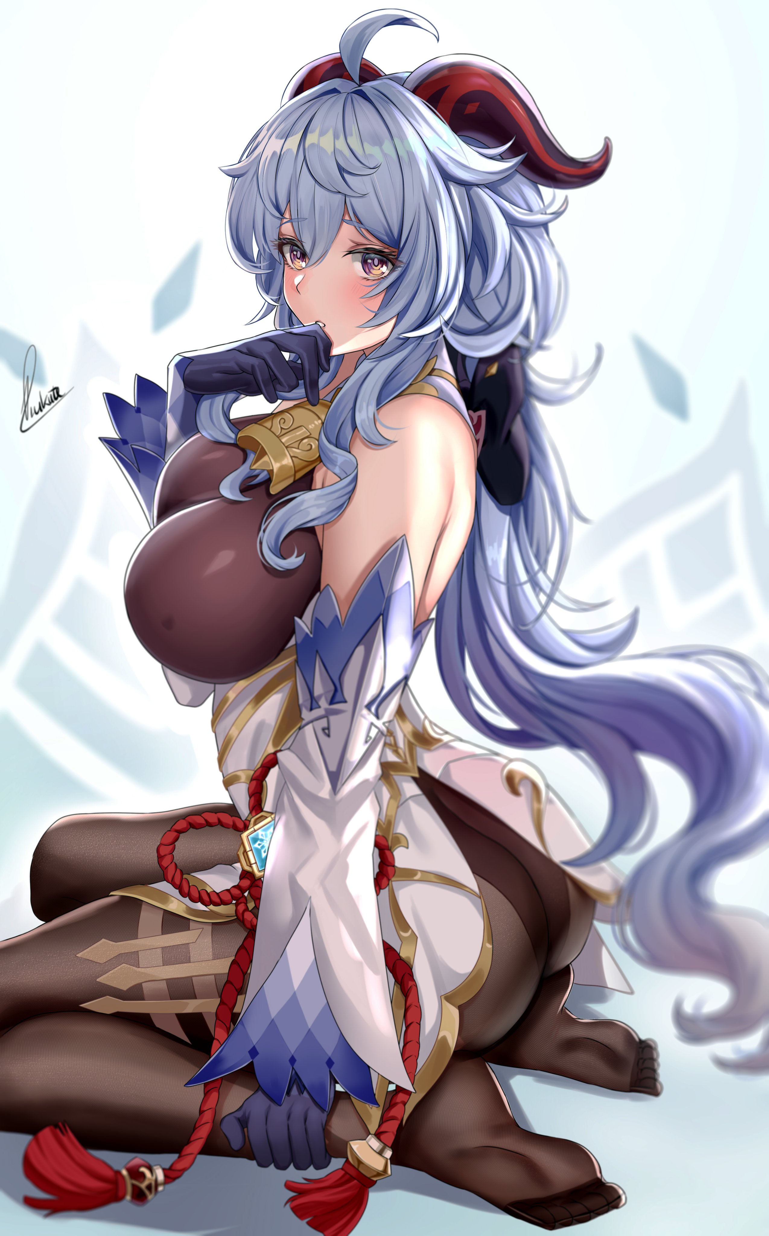 1girls, 2021, ahoge, artist signature, ass, bangs, bare shoulders, bell, black bodysuit, blue hair, blush, bodystocking, bodysuit, breasts, cowbell, detached sleeves, female, female only, fully clothed, ganyu (genshin impact), genshin impact, goat horns, gold trim, hair ribbon, hi res, highres, horns, large breasts, long hair, looking at viewer, low ponytail, parted lips, piukute062, purple eyes, ribbon, seiza, sitting, solo, very high resolution, white background