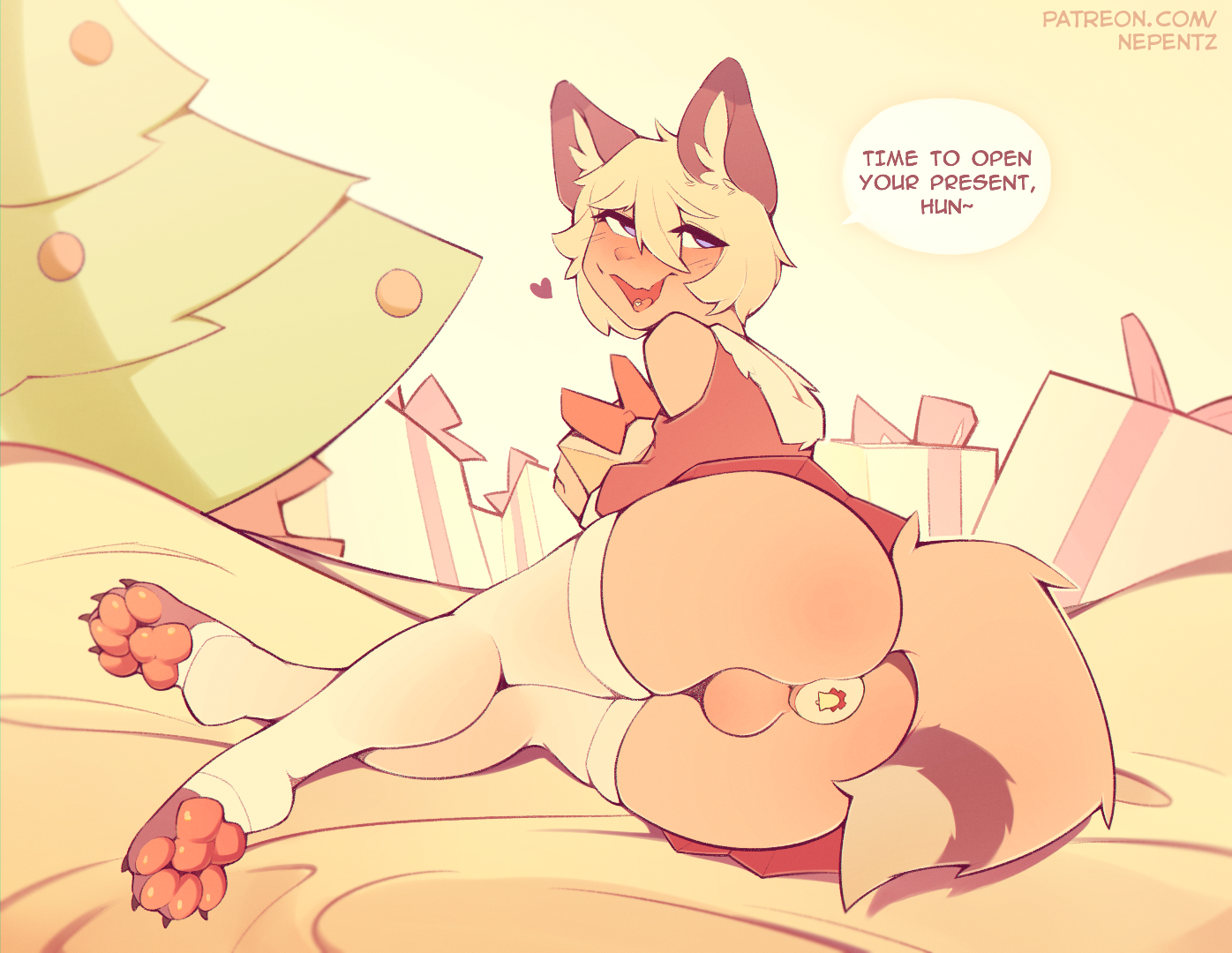 anthro, ass, balls, blush, blush lines, blush stickers, bottomwear, canid, canine, christmas, christmas clothing, christmas present, christmas tree, claws, clothed, clothing, crossed legs, detailed background, dialogue, english text, femboy, fox, genitals, gift, heart, holding object, holidays, inner ear fluff, legwear, looking at viewer, looking back, looking back at viewer, lying, male, male only, mammal, narrowed eyes, nepentz, on side, open mouth, open smile, partially clothed, patreon, pawpads, paws, plant, plug (sex toy), presenting, presenting balls, presenting hindquarters, raised bottomwear, raised clothing, raised skirt, rear view, sex toy, shaded, signature, skirt, smile, solo, solo male, stockings, tail aside, talking to viewer, text, tongue, topwear, tree, tuft, url