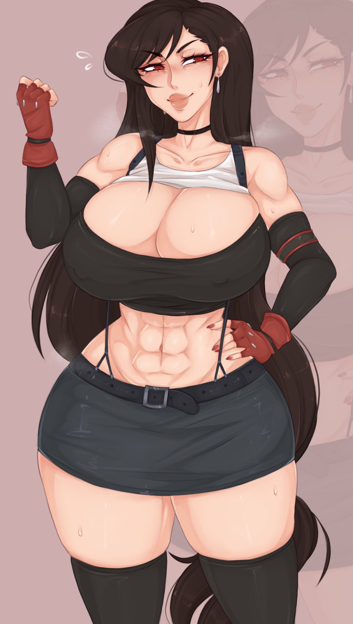 1girls, 2022, 2d, abs, alternate version available, black hair, blush, breasts, cleavage, clothed, clothed female, female, female only, final fantasy, final fantasy vii, final fantasy vii remake, fit, fit female, hand on hip, hips, huge breasts, light skin, light-skinned female, long hair, looking at viewer, pale skin, pale-skinned female, red eyes, short skirt, simple background, skirt, smug, smug face, smug grin, solo, spookiebuni, sports bra, square enix, suspenders, thick thighs, thighhighs, thighs, tifa lockhart, top lift, wide hips, zoomed view