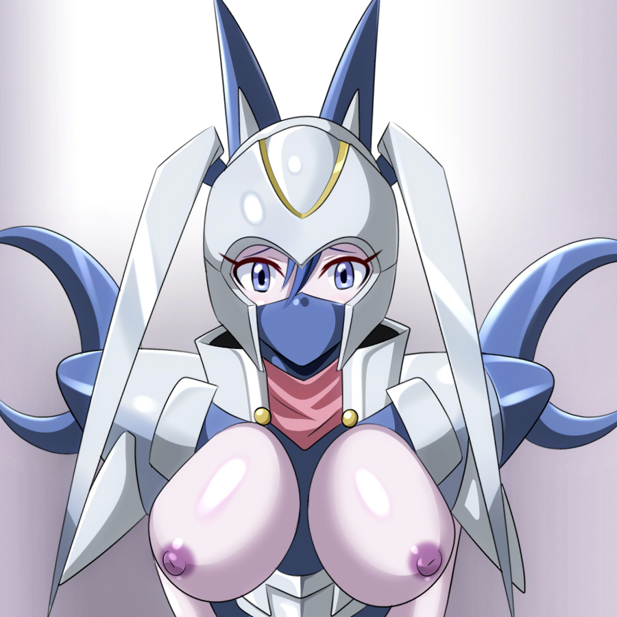 1girls areolae armor blue_eyes breasts breasts_out covered_mouth dianamon digimon digimon_(species) female female_only heigani helmet large_breasts looking_at_viewer mask nipples olympos_xii pale_skin purple_nipples solo