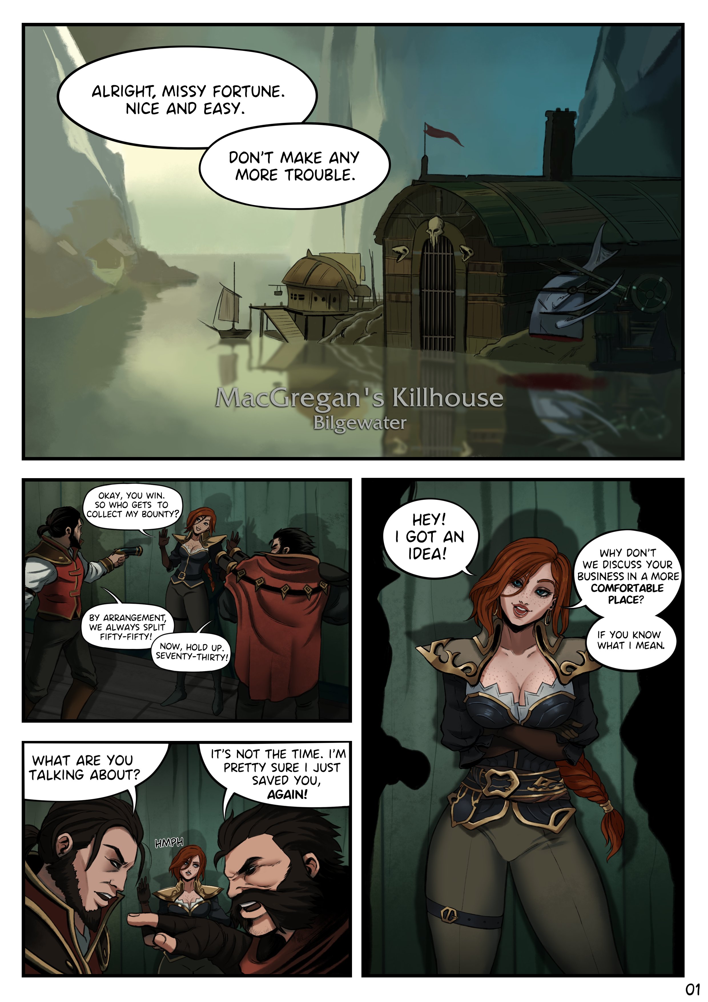 1girls, 2boys, clothed, comic, comic page, female, league of legends, malcolm graves, male, male/female, miss fortune, page 1, pepprnsalt, tobias fate