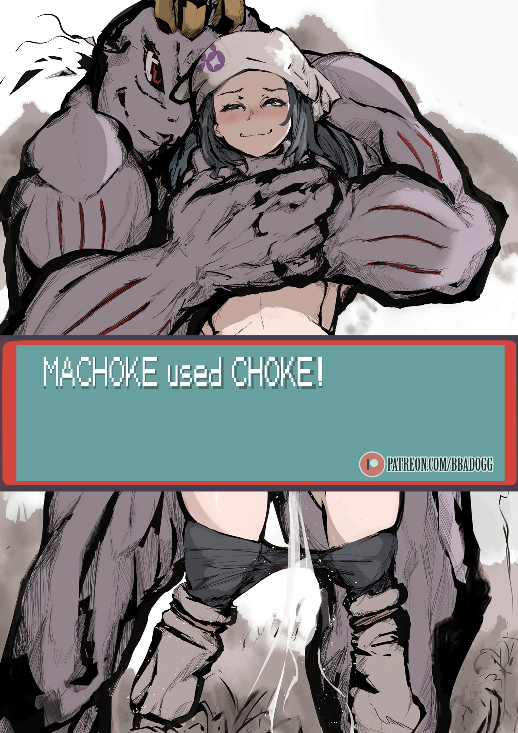 1boy, 1girls, akari (pokemon), bbadogg, choking, female, happy sub, machoke, male, male pokemon/female human, pokemon, pokemon (species), pokemon legends: arceus, pokemon rgby, pokephilia