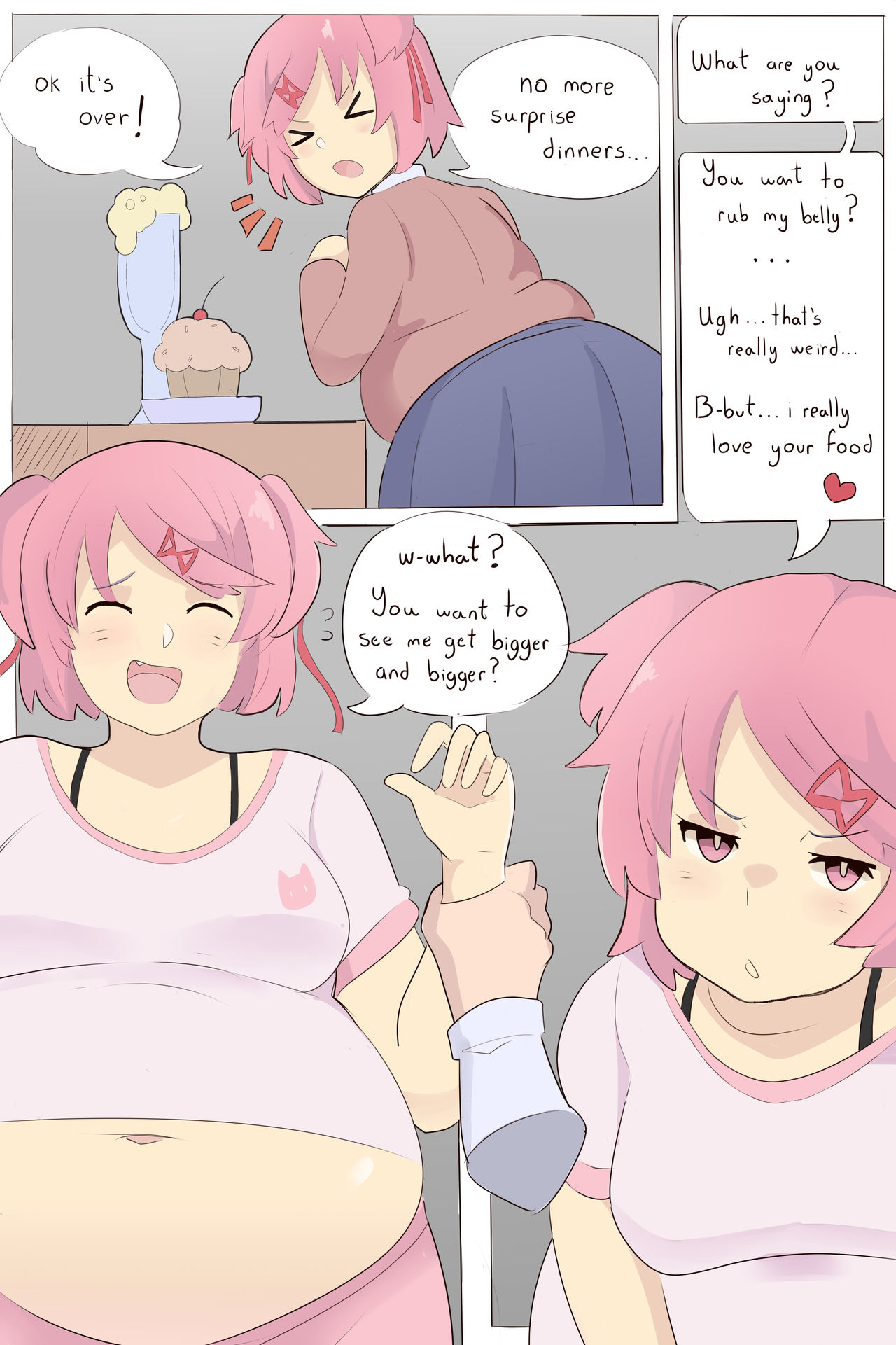 1girls, blue skirt, blush, casual, chubby, clothed, clothing, comic, dialogue, disembodied hand, doki doki literature club, embarrassed, fat, female, happy, napolitane, natsuki (doki doki literature club), navel, offscreen character, overweight, overweight female, pink eyes, pink hair, plump, ribbon, school uniform, shirt, short hair, skirt, smile, text, tight clothing, weight gain
