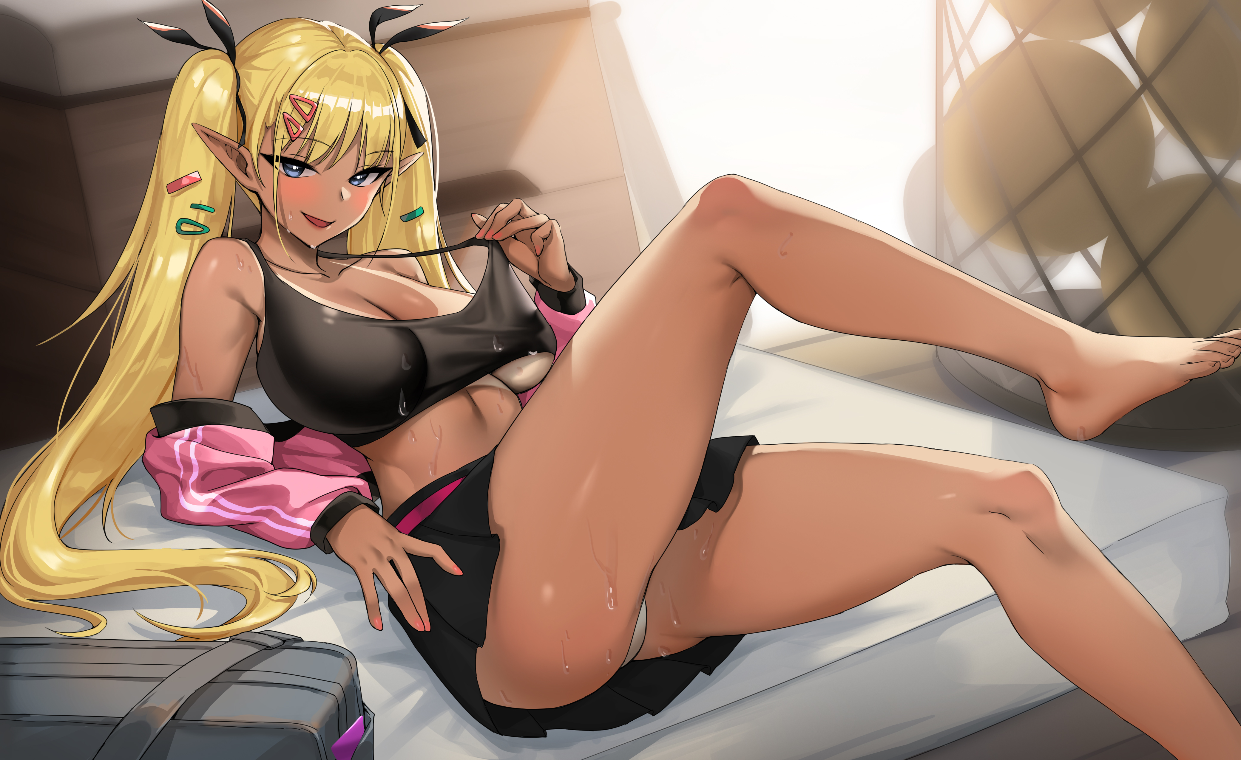 1girls, 2021, absurdres, alternate version available, ass, bag, bangs, barefoot, basketball, bikini tan, black ribbon, black skirt, black tank top, blonde hair, blue eyes, breasts, crop top, dark elf, dark skin, dark-skinned female, elf, eyebrows visible through hair, female, female focus, female only, gyaru, gym storeroom, hair ornament, hair ribbon, hairclip, highres, jacket, kogal, large breasts, leaning back, leg up, legs, long hair, looking at viewer, mat, miniskirt, open clothes, open jacket, open mouth, original, original character, panties, picter, pink jacket, pleated skirt, pointy ears, ribbon, school bag, school uniform, skirt, smile, solo, solo female, sweat, tan, tank top, tanlines, thighs, twintails, underwear, vaulting horse, very long hair, white panties