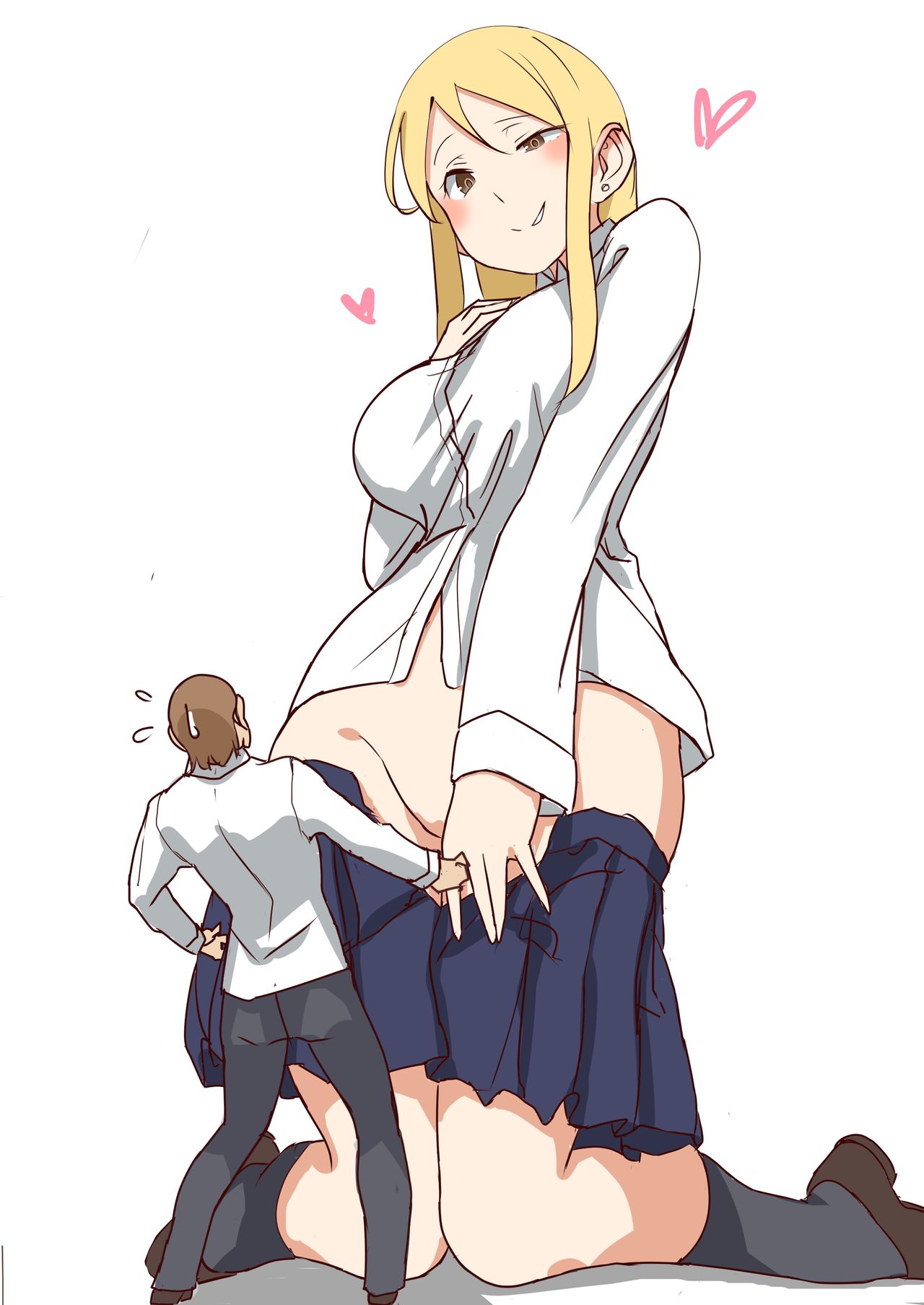 1boy 1girls bottomless breasts clothing female giantess human larger_female light-skinned_female light-skinned_male light_skin macro male on_knees shrub shrunken_male size_difference skirt skirt_removed smaller_male uru_(uru0000) white_background