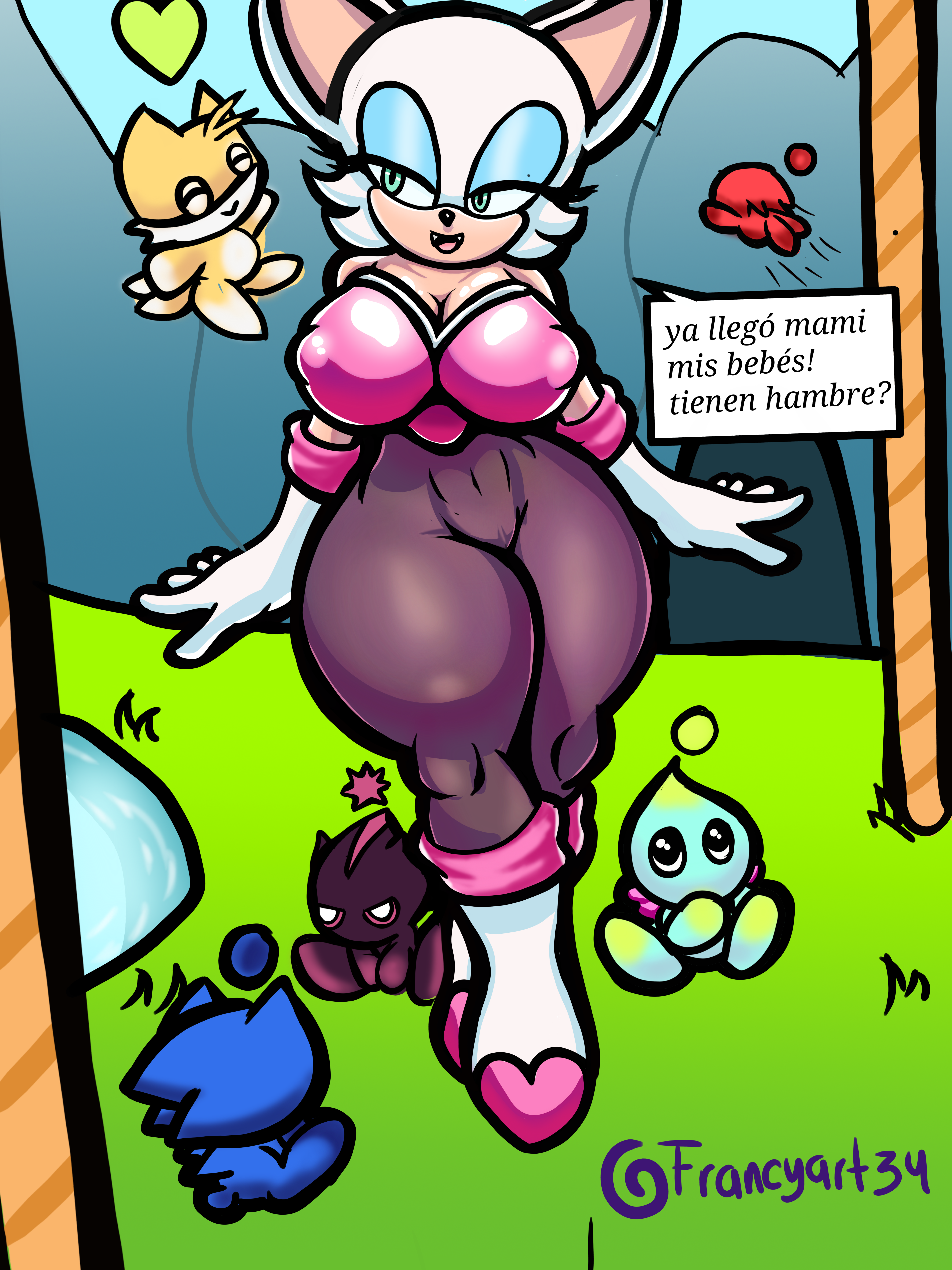 ass, big ass, big breasts, big hips, breasts, chao (sonic), chao garden, female, francyart34, milf, rouge the bat, sonic (series), sonic the hedgehog (series), spanish text