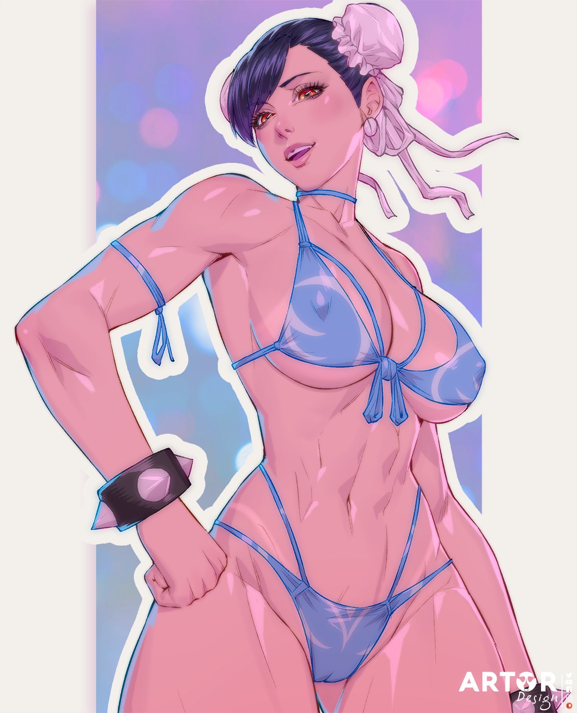 1girls, arttoru, bikini, chun-li, erect nipples, female, muscular, muscular female, nipples, solo, street fighter