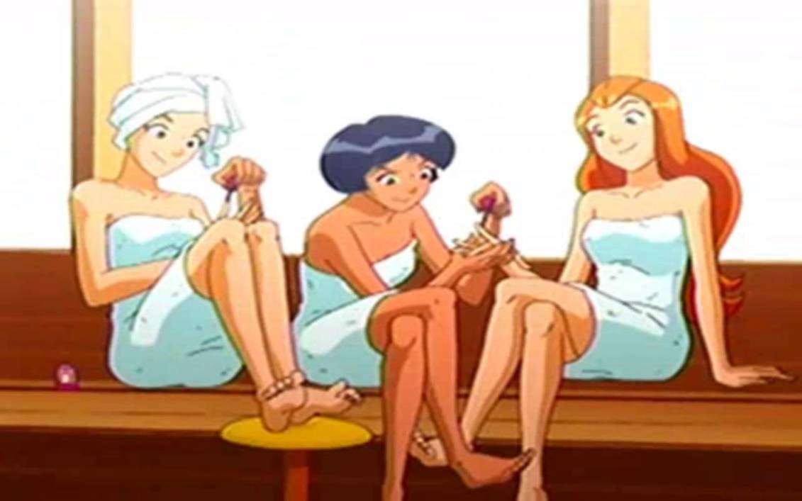 3girls accurate_art_style alex_(totally_spies) barefoot black_hair blonde_hair blue_eyes blurry clover_(totally_spies) dark-skinned_female dark_skin ginger_hair green_eyes hazel_eyes human light-skinned_female long_hair nail_polish naked naked_female nude nude_female orange_hair painting_nails pale-skinned_female pale_skin redhead sam_(totally_spies) sauna screencap screenshot short_hair sitting_down sitting_on_bench spa totally_spies towel towel_on_head towel_only towels trio white_towel yellow_eyes