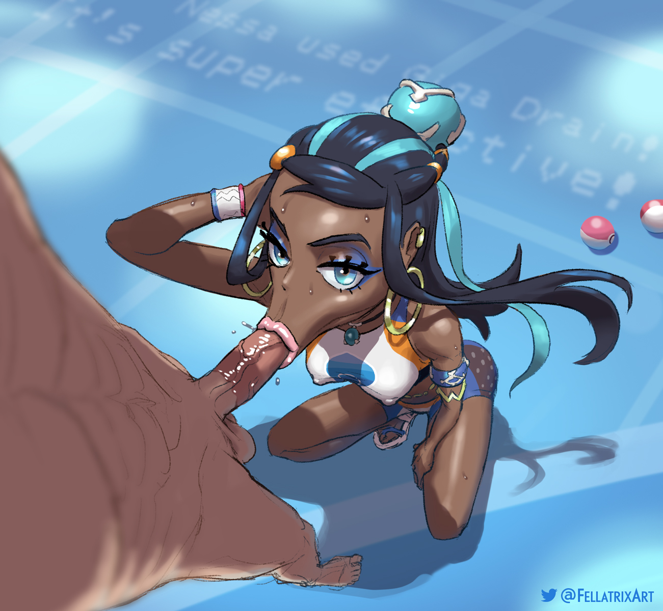 :>=, 1boy, 1girls, angry dragon, bare shoulders, black hair, blowjob, blowjob face, blue eyes, breasts, collarbone, completely nude, creatures (company), dark skin, dark-skinned female, earrings, erection, eyelashes, faceless male, fellatio, fellatrix, female, forehead, game freak, hair ornament, hoop earrings, hoop earrings oversized, interracial, jewelry, light skin, light-skinned male, lips, lipstick, long hair, looking up, male, medium breasts, multicolored hair, nessa (pokemon), nintendo, nude, nude male, nude male clothed female, oral, pendant, penis, pink lipstick, pokemon, pokemon (game), pokemon ss, simple background, solo focus, sports bra, sportswear, straight, streaked hair, sweat, swimsuit, upper body