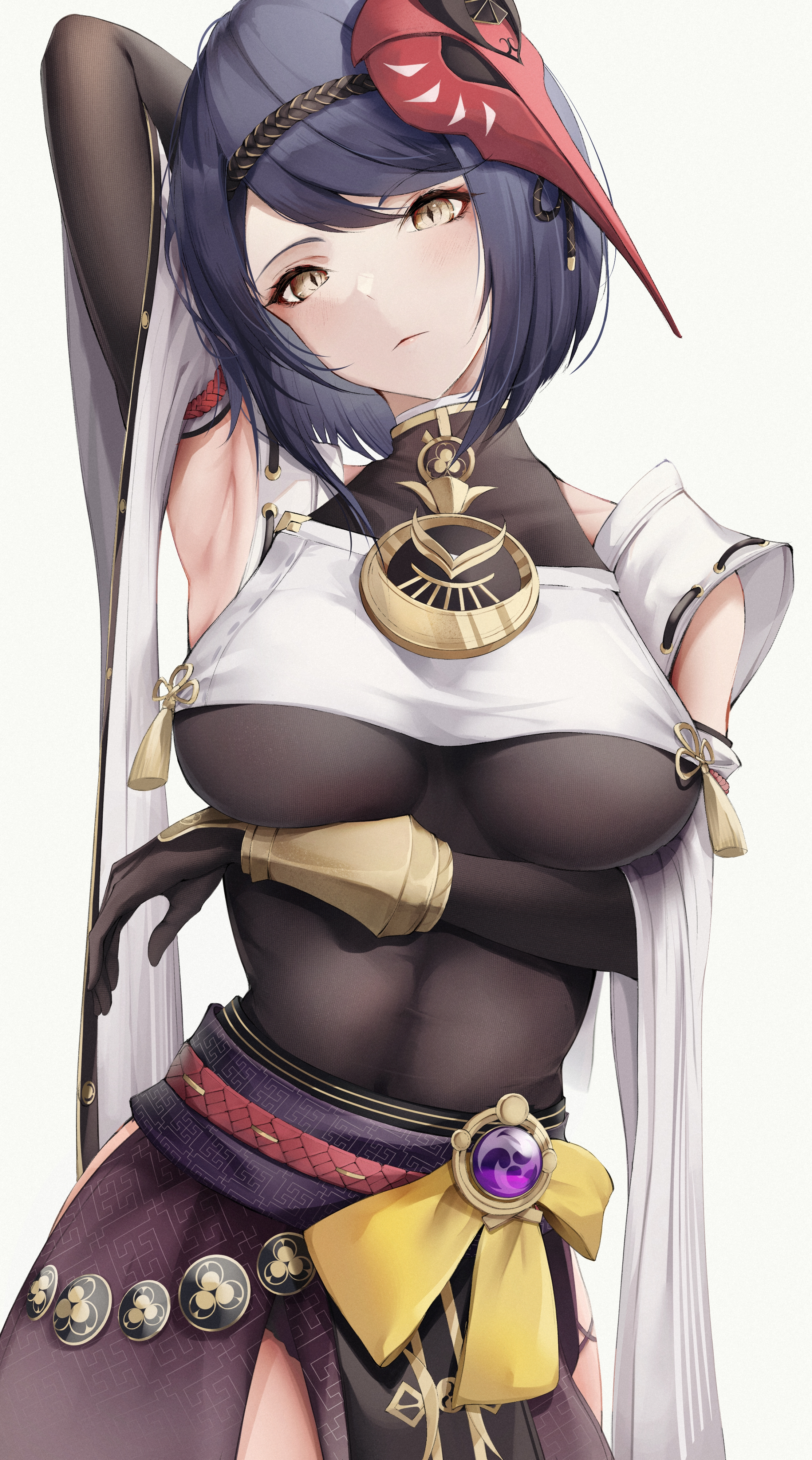 armpits, bangs, bob cut, bodystocking, breasts, female, genshin impact, kisaki oni, kujou sara, large breasts, simple background, tight clothing