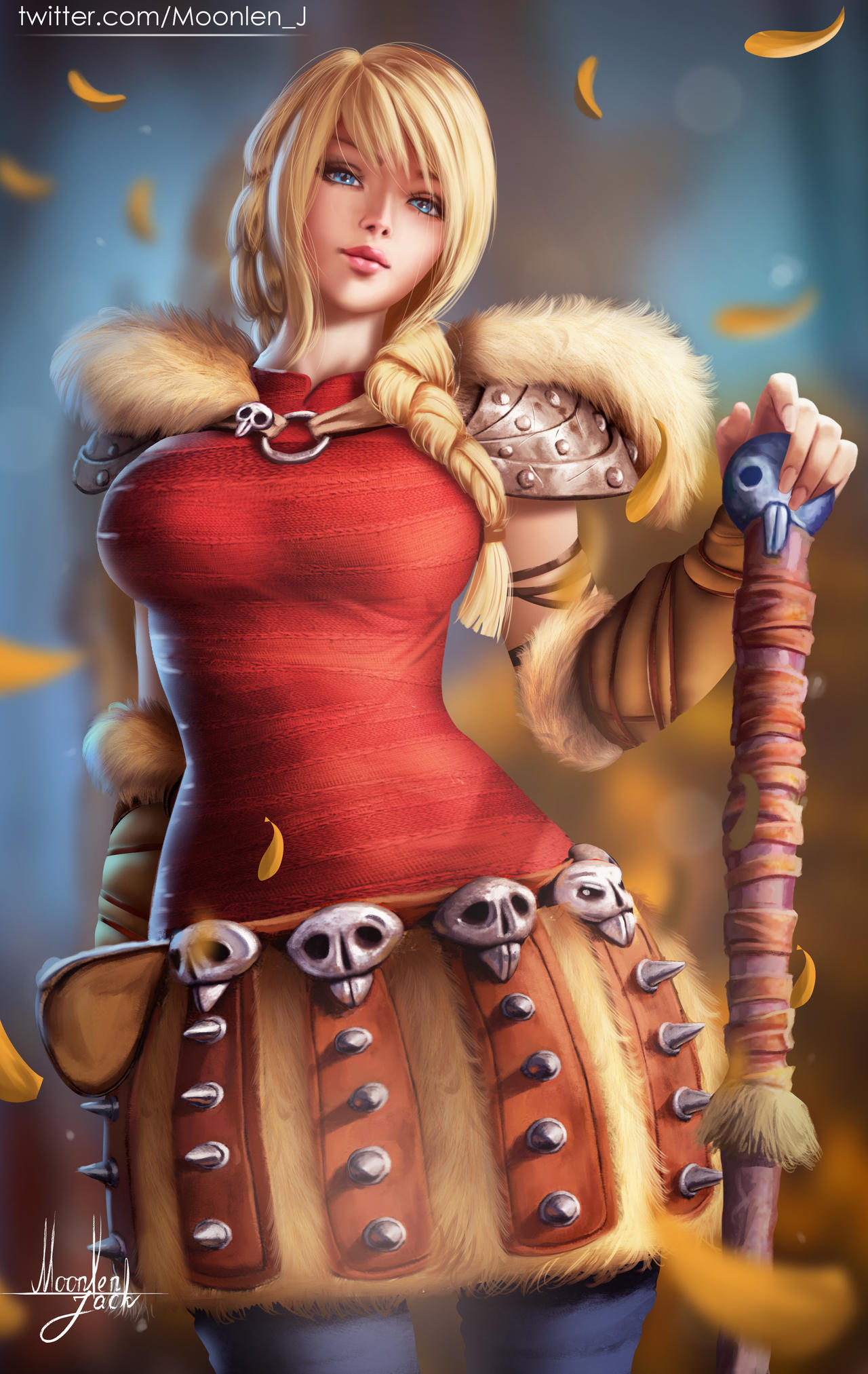 1girls, astrid hofferson, axe, blonde hair, blue eyes, braid, clothing, dreamworks, female, female only, heroine, how to train your dragon, how to train your dragon 2, human, light skin, light-skinned female, long hair, moonlen-jack, realistic, red clothing, red shirt, solo, solo female, viking, viking female, warrior