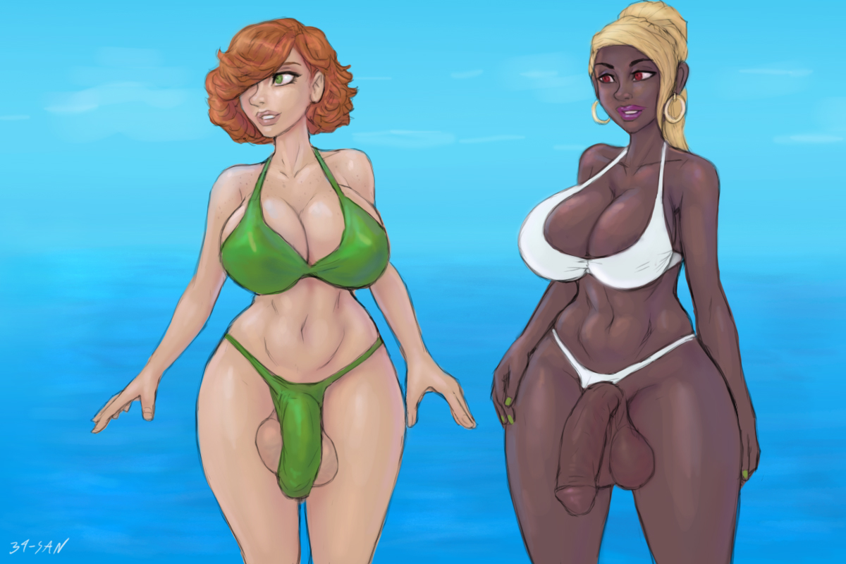 2futas, 34-san, balls, big balls, big breasts, big penis, bikini, blonde hair, breasts, clothed, clothing, dark skin, dark-skinned futa, duo, earrings, flaccid, futa only, futanari, ginger, ginger hair, green eyes, hoop earrings, human, intersex, large breasts, light skin, light-skinned futa, mostly nude, penis, ponytail, pulled aside, red eyes, short hair, standing, thick thighs, toned, toned futa, wide hips