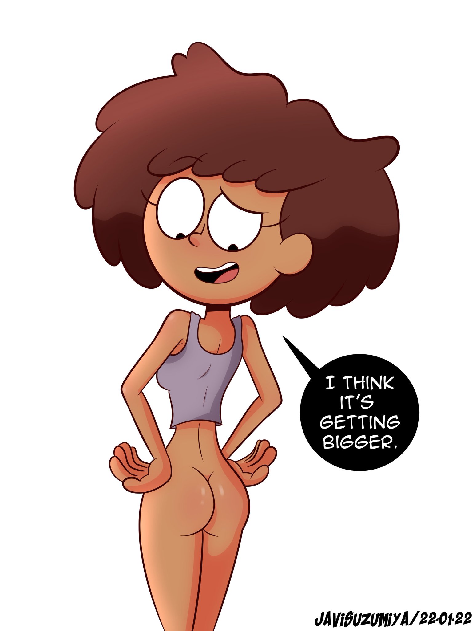 1girls, 2020s, 2022, 2d, amphibia, anne boonchuy, artist name, ass, bottomless, brown hair, casual, clothing, dark skin, dark-skinned female, dated, dialogue, dialogue box, disney, disney channel, english text, female, female only, hi res, human, javisuzumiya, looking back, medium hair, no panties, no pants, solo female, straight hair, teenage female, teenager, text, thai, thai female, white background, young