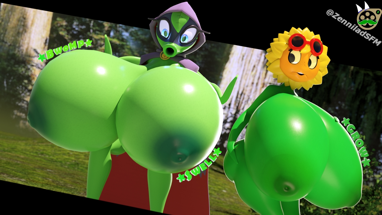 :>=, 3d, 3d (artwork), ass, big ass, big breasts, breast expansion, breast growth, breast growth (enlargement), breasts, breasts bigger than head, female, female only, green shadow (pvz), huge ass, hyper breasts, naked, nude, peashooter (pvz), plantie, plants vs zombies, solar flare (pvz), zenniladsfm
