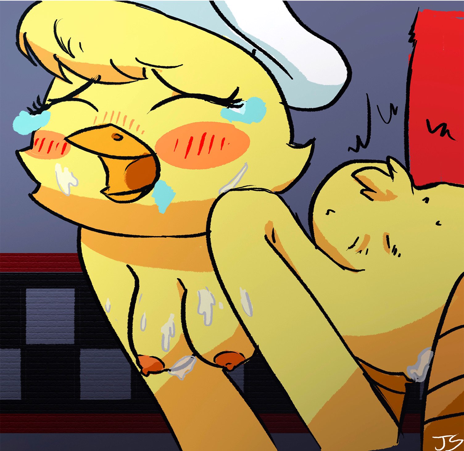 animatronic, ass, big arms, big ass, big breasts, big butt, big eyes, breasts, chef hat, chica (fazbear & friends), chica (fnaf), chicken, classic chica (fnaf), cum, curvy, fazbear & friends, female, five nights at freddy's, fnaf, foxy (fnaf), foxyxchica, orange legs, sex, short hair, small tail, straight, tears, yellow fur