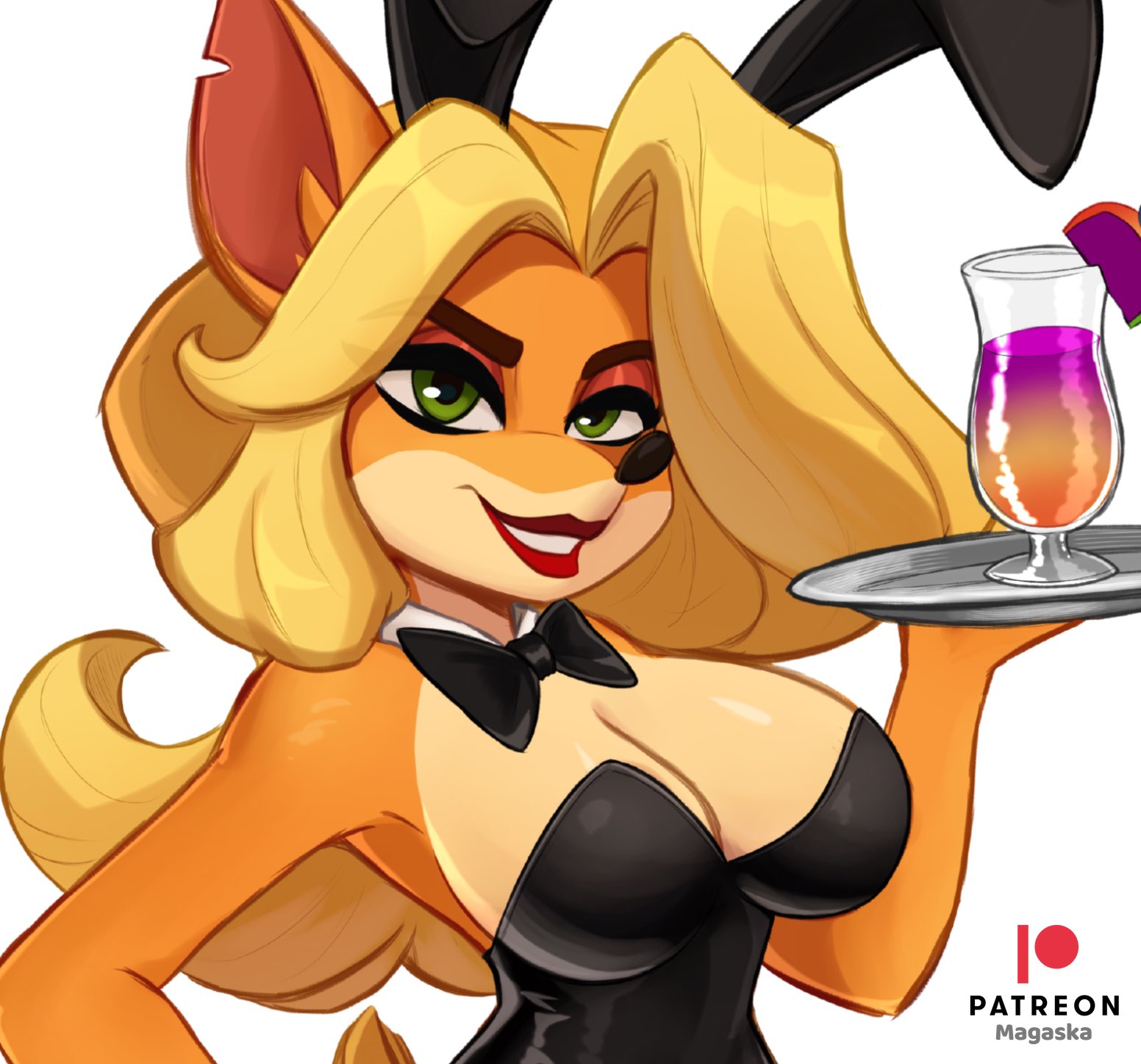 1girls, anthro, big breasts, blonde hair, bowtie, breasts, bunny ears, bunny girl, bunnysuit, cleavage, crash bandicoot (series), drink, eyeshadow, female, female only, furry, green eyes, hand on hip, holding tray, lipstick, long blonde hair, long hair, looking at viewer, magaska19, patreon, patreon logo, serving tray, smile, smiling at viewer, solo, tawna bandicoot, white background