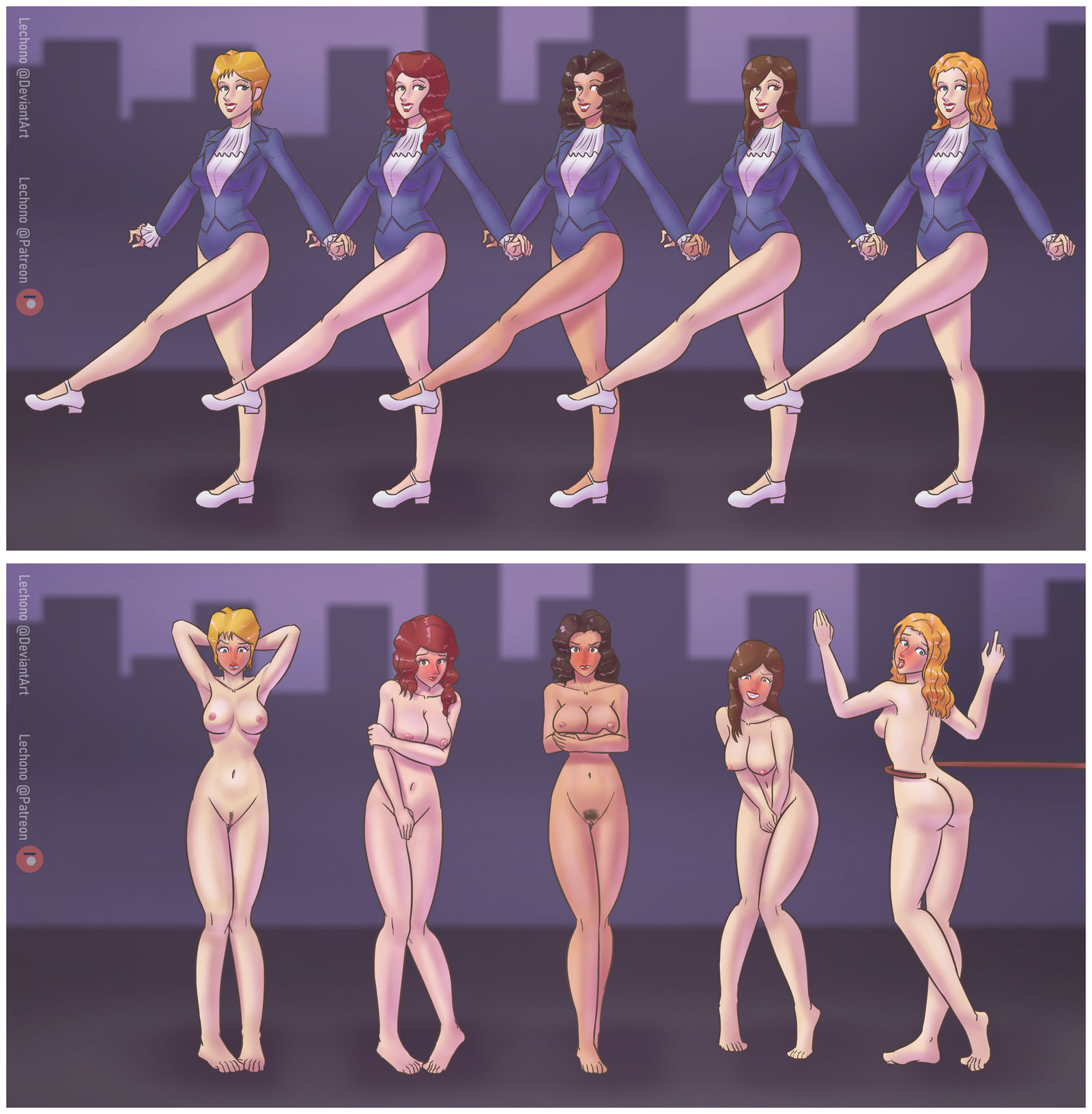 2koma, 5girls, arms behind head, ass, blonde hair, blush, blushing, blushing at viewer, blushing profusely, breasts, brown hair, covering, covering self, embarrassed, embarrassed nude female, enf, exposed, exposed ass, exposed breasts, exposed nipples, exposed pussy, extreme exposure humiliation, female, female focus, female only, full body, human, human only, lechono, light skin, light-skinned female, magic, medium ass, medium breasts, medium hair, multiple females, multiple girls, nipples, original, original characters, pale skin, pale-skinned female, presenting, presenting self, pubic hair, pussy, red hair, short hair, straight hair, tan skin, tan-skinned female, tanned female, undressed, wavy hair