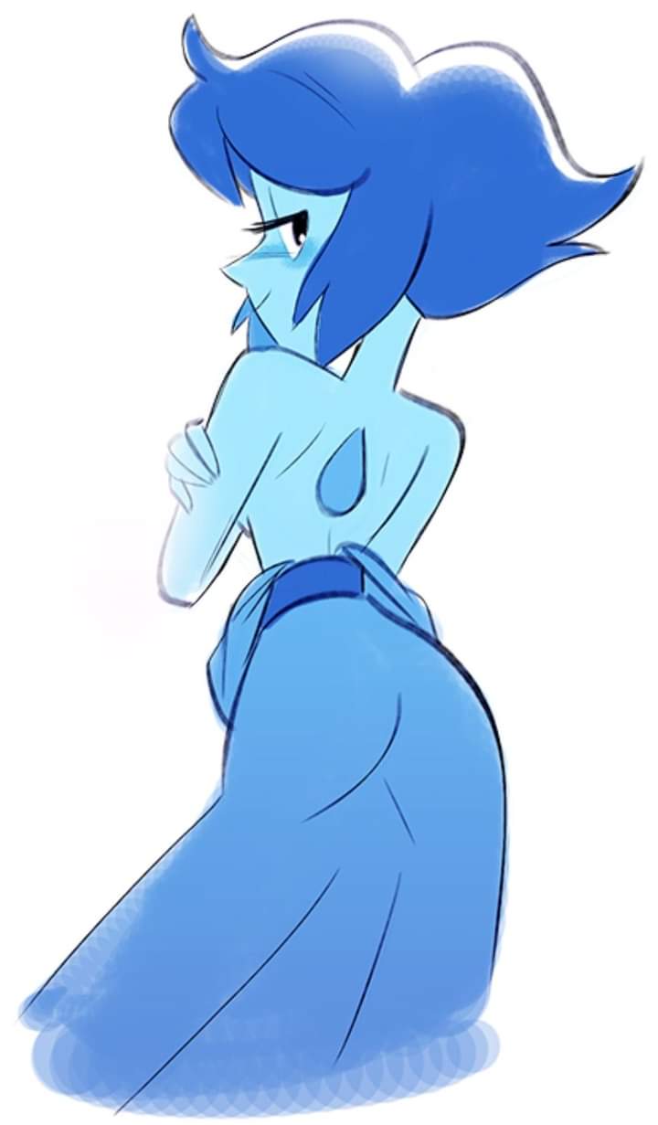 1girls, alien girl, alien humanoid, artist request, back gem, bare back, blue blush, blue dress, blue hair, blue skin, blue skirt, blush, blushing, breasts, covering breasts, cropped legs, curvaceous, curvy, female, from behind, gem (species), half-closed eyes, lapis lazuli (steven universe), long dress, looking at viewer, looking back, narrow waist, no humans, rear view, short hair, simple background, skirt, smiling at viewer, solo, standing, steven universe, topless, topless female, viewed from behind, white background