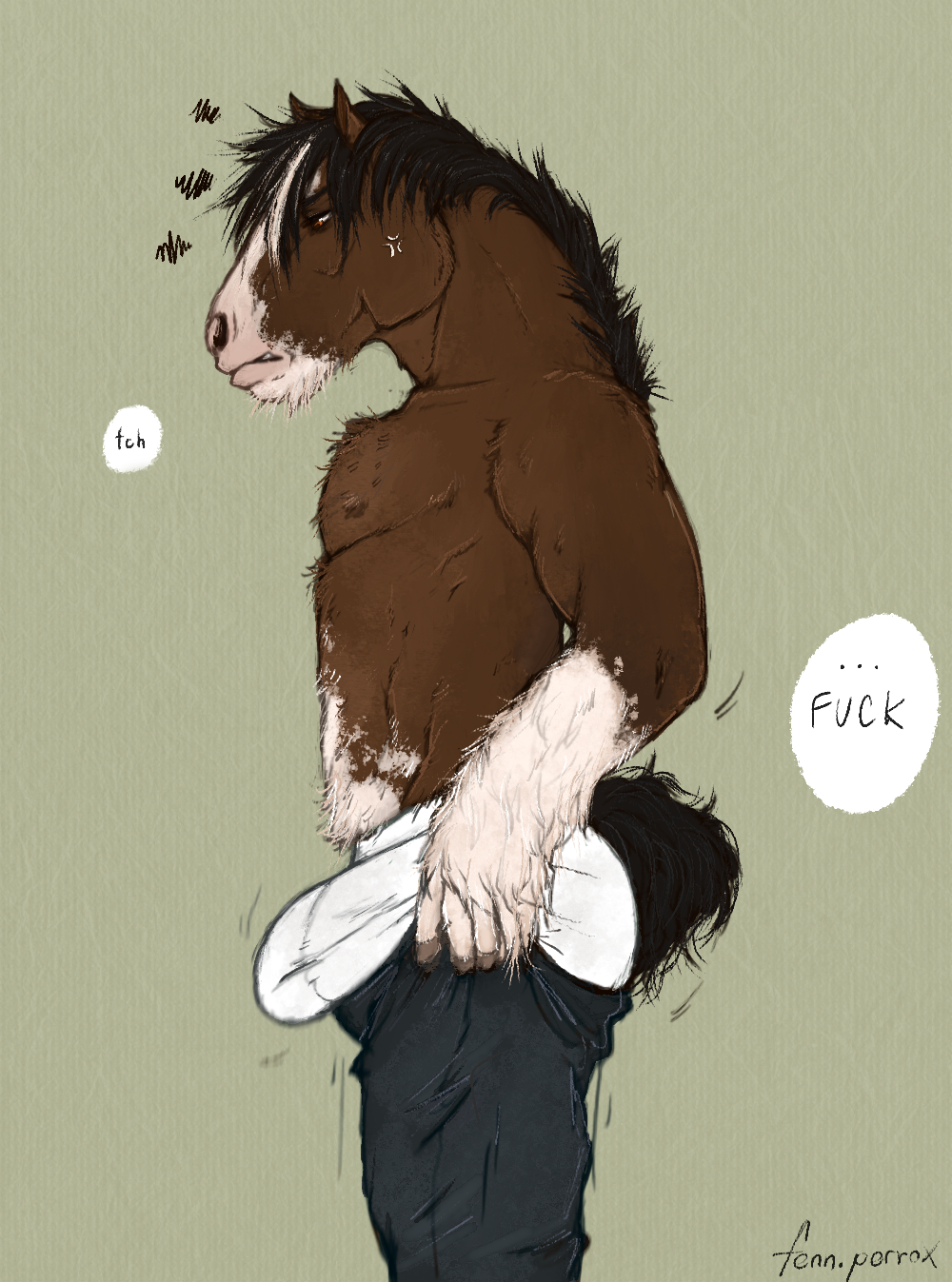 annoyed anthro black_hair bottomwear brown_body brown_fur bulge clothing clydesdale dialogue draft_horse dressing equid equine fenn.perrox fur hair hi_res horse male mammal pants shirtless solo standing tight_pants_(meme) underwear