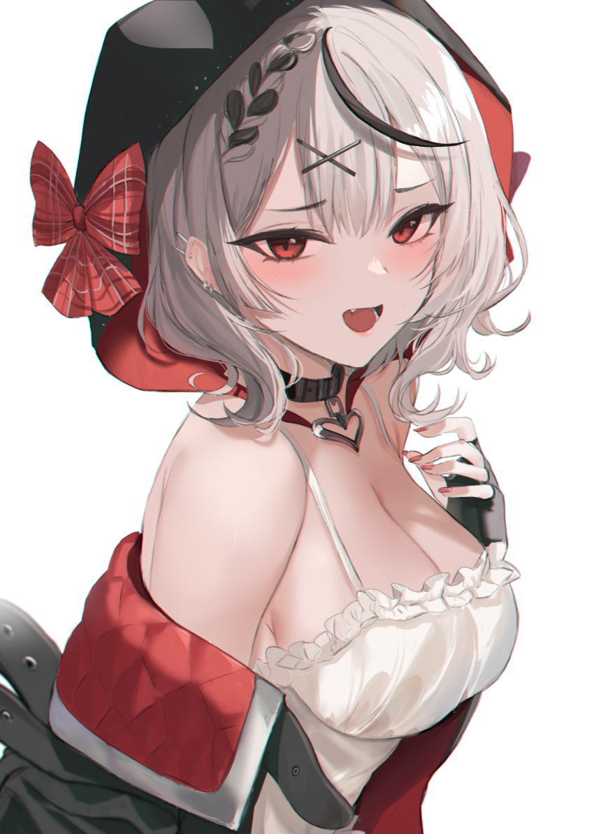 bare shoulders, breasts, choker, female, green hair, hololive, hololive japan, holox, large breasts, looking at viewer, onikanzei, sakamata chloe, simple background, tank top, virtual youtuber