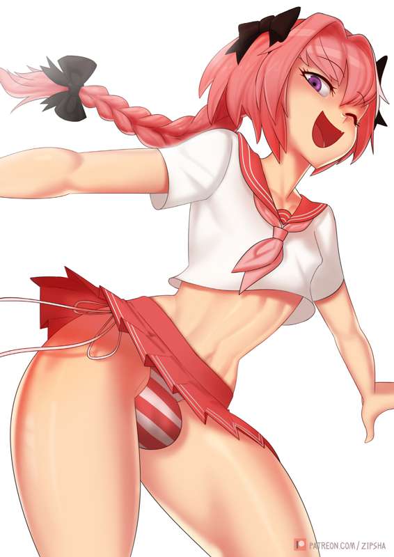 1boy, astolfo (fate), balls, balls under clothes, bulge, clothing, fate (series), fate/grand order, femboy, human, light skin, light-skinned male, male, male only, penis, penis under clothes, pink hair, skirt, solo, solo male, standing, striped panties, trap, white background, zipsha