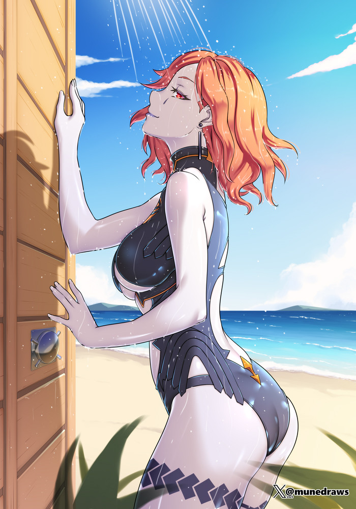 1girls, ass, beach, beach shower, big breasts, breasts, earrings, etchimune, eye tattoo, female, female only, fire emblem, fire emblem: three houses, ginger, hi res, human, kronya (fire emblem), leotard, light skin, light-skinned female, looking at viewer, nintendo, ocean, one eye obstructed, outdoors, pale skin, pale-skinned female, red eyes, seaside, shower, side view, skin tight, solo, tattoo, thigh tattoo, underboob, villainess, watermark, wet