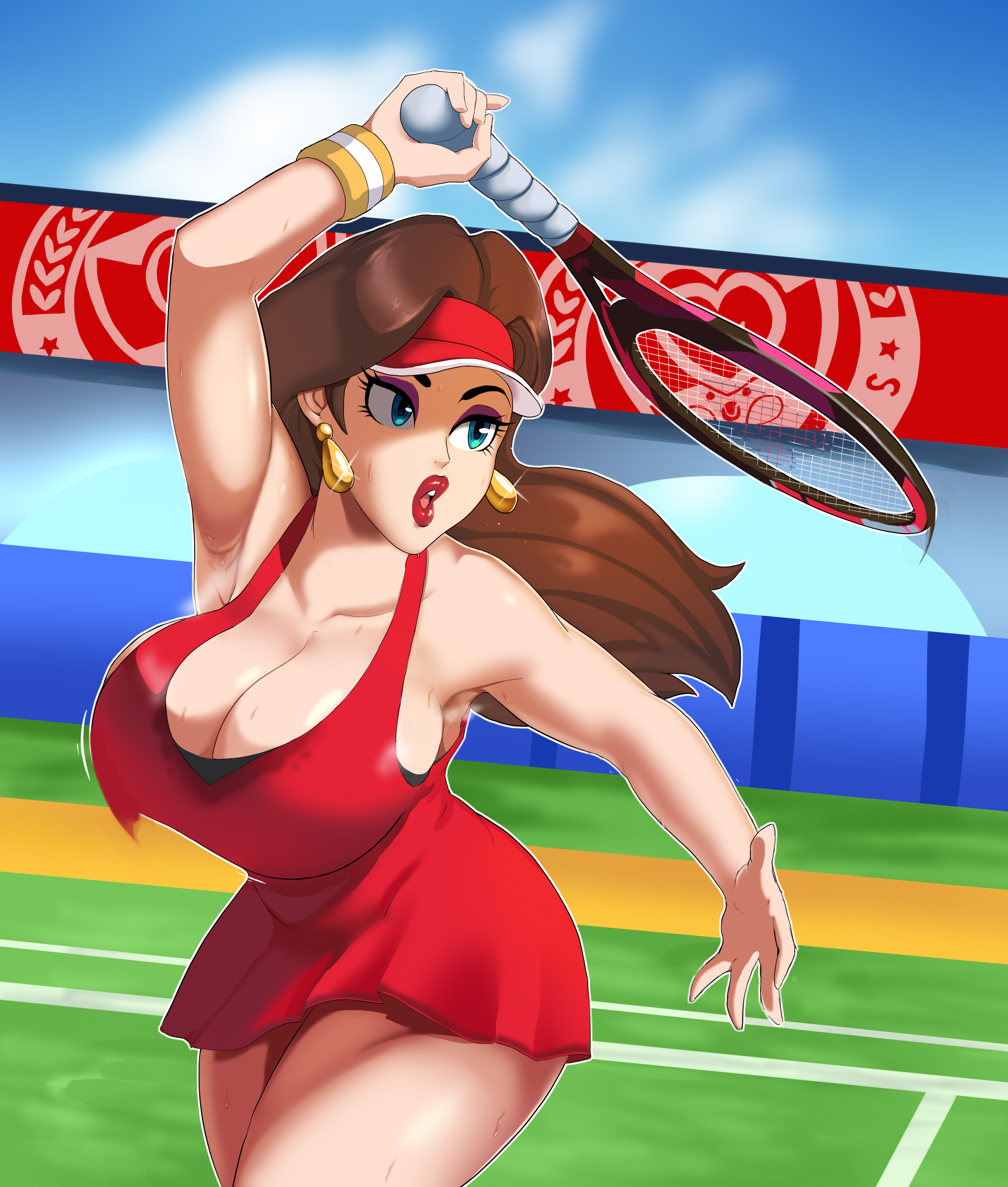 1girls, big breasts, breasts, brown hair, cleavage, female, linkxs, mario (series), mario tennis, nintendo, pauline, pauline (tennis) (mario), sweat