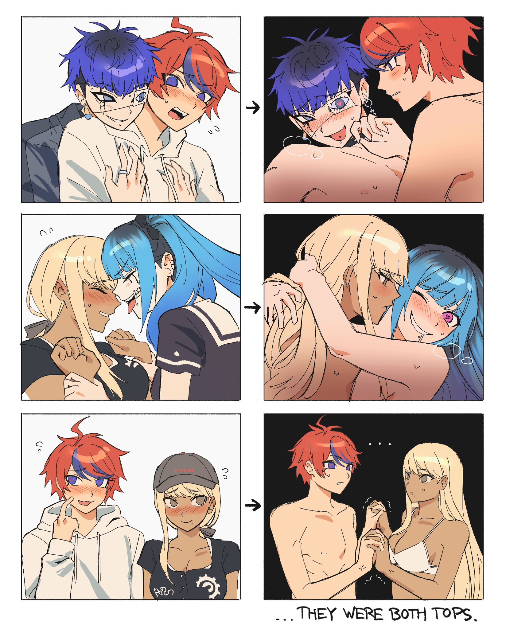 2boys, 2girls, amemiya darumi, babykatafan, black hair, black hat, blonde hair, blue hair, blush, bra, comic, dark skin, dark-skinned female, darumi amemiya, earrings, english text, eye patch, eyepatch, female, grabbing from behind, hat, hi res, highres, holding hands, hood, hoodie, jewelry, kawana tsubasa, last defense academy school uniform, male, multicolored hair, multiple boys, multiple females, multiple girls, multiple males, naked, nude, omokage yugamu, one eye closed, piercing, polycule, red hair, sex, sumino takumi, takumi sumino, the hundred line -last defense academy-, tongue, tongue out, tsubasa kawana, turning head, twintails, underwear, white bra, white hoodie, yaoi, yugamu omokage, yuri
