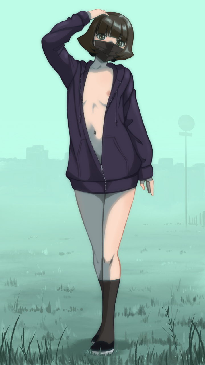 aqua_background areola_slip areolae bangs black_footwear black_hair black_hoodie black_legwear black_mask blunt_bangs bob_cut breasts commentary female female_only fence full_body grass green_eyes head_tilt highres hood hood_down hoodie ixola legs_together loafers long_sleeves looking_at_viewer mask midriff mouth_mask naked_hoodie navel nipple_slip nipples no_pants original partially_unzipped road_sign shoes sign skyline small_breasts socks solo standing surgical_mask unzipped zipper_pull_tab