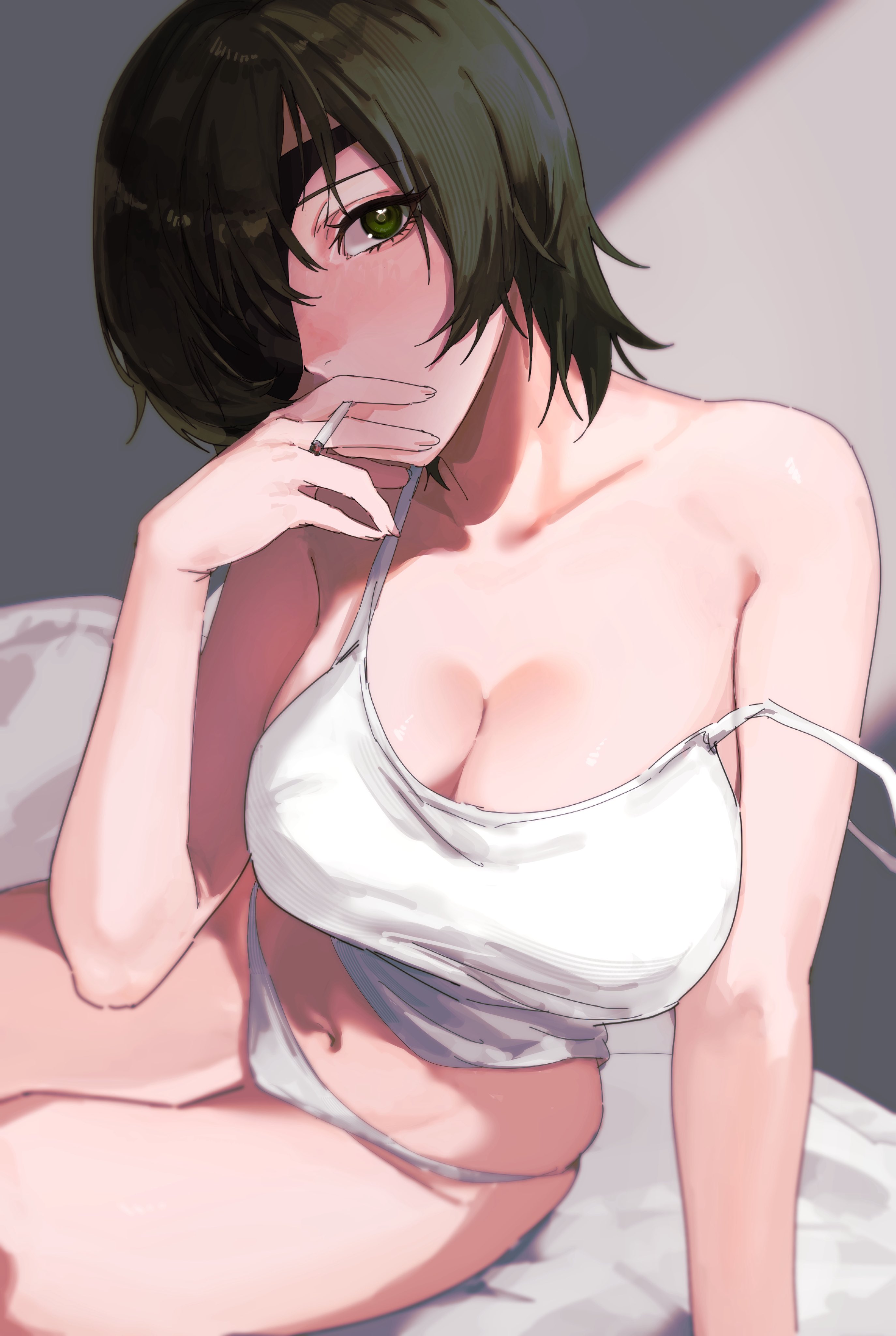 1girls, big breasts, breasts, chainsaw man, cigarette, cleavage, cute, eyepatch, female, female only, himeno (chainsaw man), shirt down, shounen jump, undressing, usurai