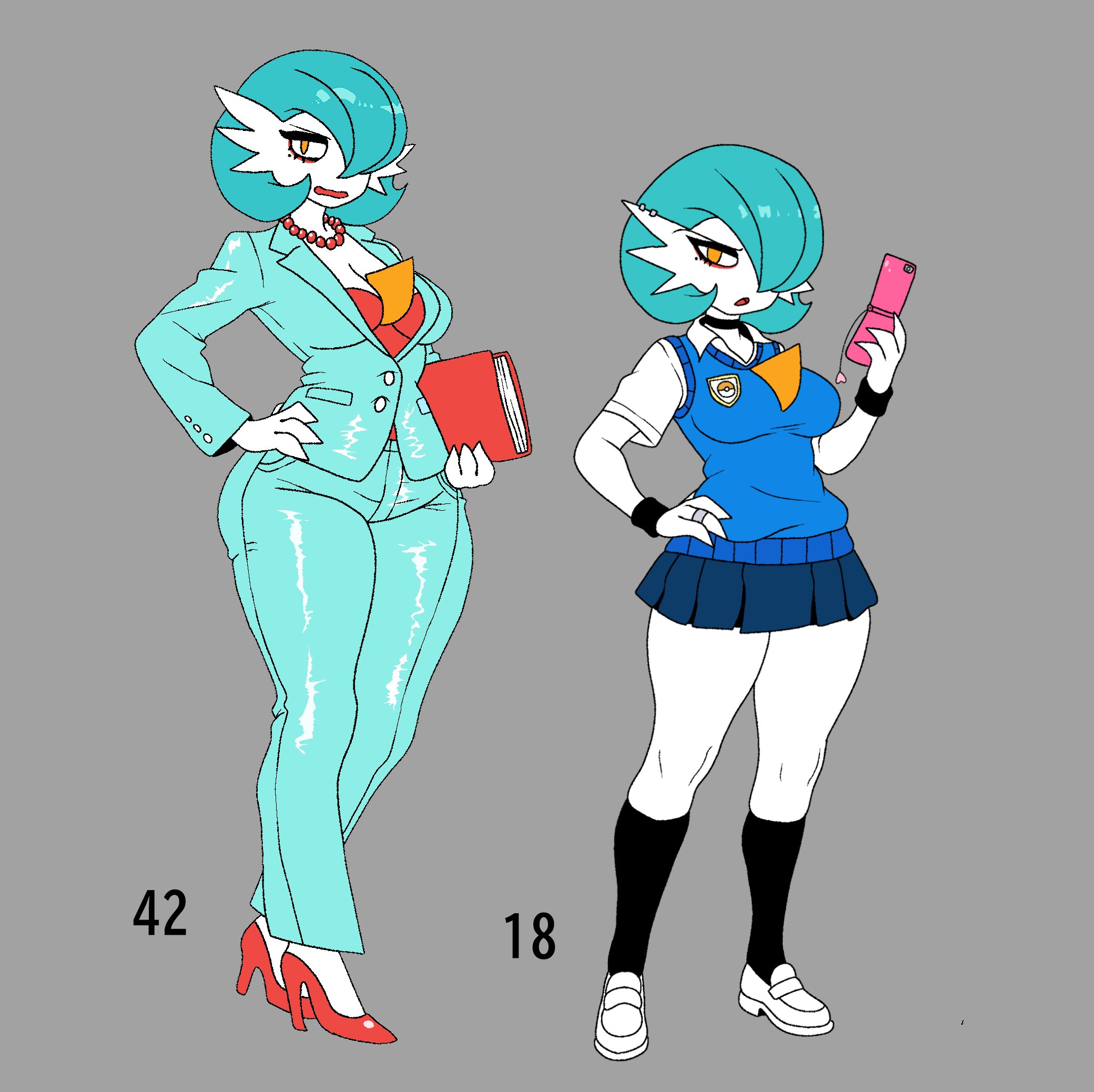 activeajames, age difference, beauty mark under eye, ear piercing, female, gardevoir, high heels, high school student, knee highs, natasha (activeajames), pearl necklace, pokemon, pokemon (species), red heels, school uniform, schoolgirl, schoolgirl uniform, shiny gardevoir, shiny pokemon, suit, teacher