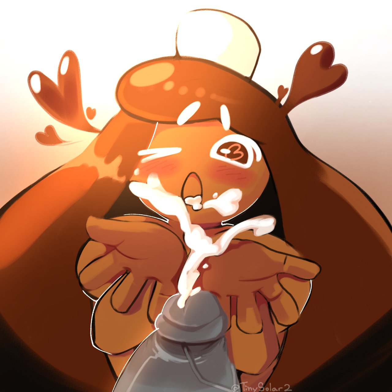 blush, cocoa cookie, cookie run, cum, cum in mouth, cum on face, female, female focus, hearts, male, open hand, open mouth, penis, tagme