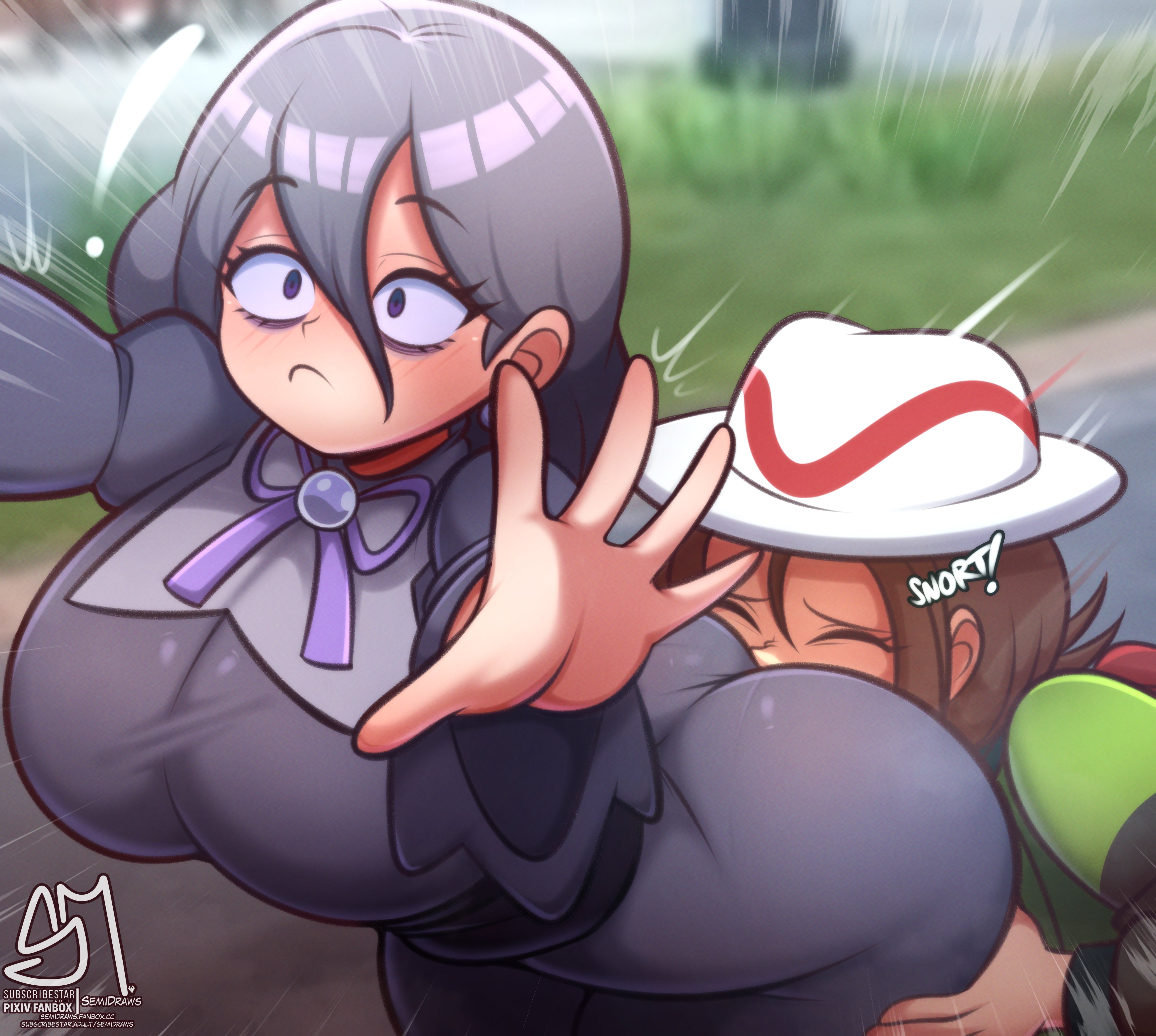 2d, 2girls, absurdres, ass, ass on face, ass sniffing, ass worship, big ass, big breasts, big butt, blush, breasts, busty, closed eyes, clothed, curvaceous, curvaceous female, curvy, curvy female, dress, face in ass, fat ass, female, female only, female pervert, game freak, hair ornament, harmony (pokemon), hex maniac, hex maniac (pokemon legends: z-a), highres, huge ass, huge breasts, huge butt, jiggle, lesbian, light skin, light-skinned female, long hair, low ponytail, multiple females, multiple girls, nintendo, occult maniac, occult maniac (z-a), pokemon, pokemon legends: z-a, ponytail, public, purple hair, sad face, seika (pokemon), semidraws, shocked, sniffing, sniffing anus, sniffing ass, suprised, surprised, thick ass, thick butt, voluptuous, voluptuous female, yuri