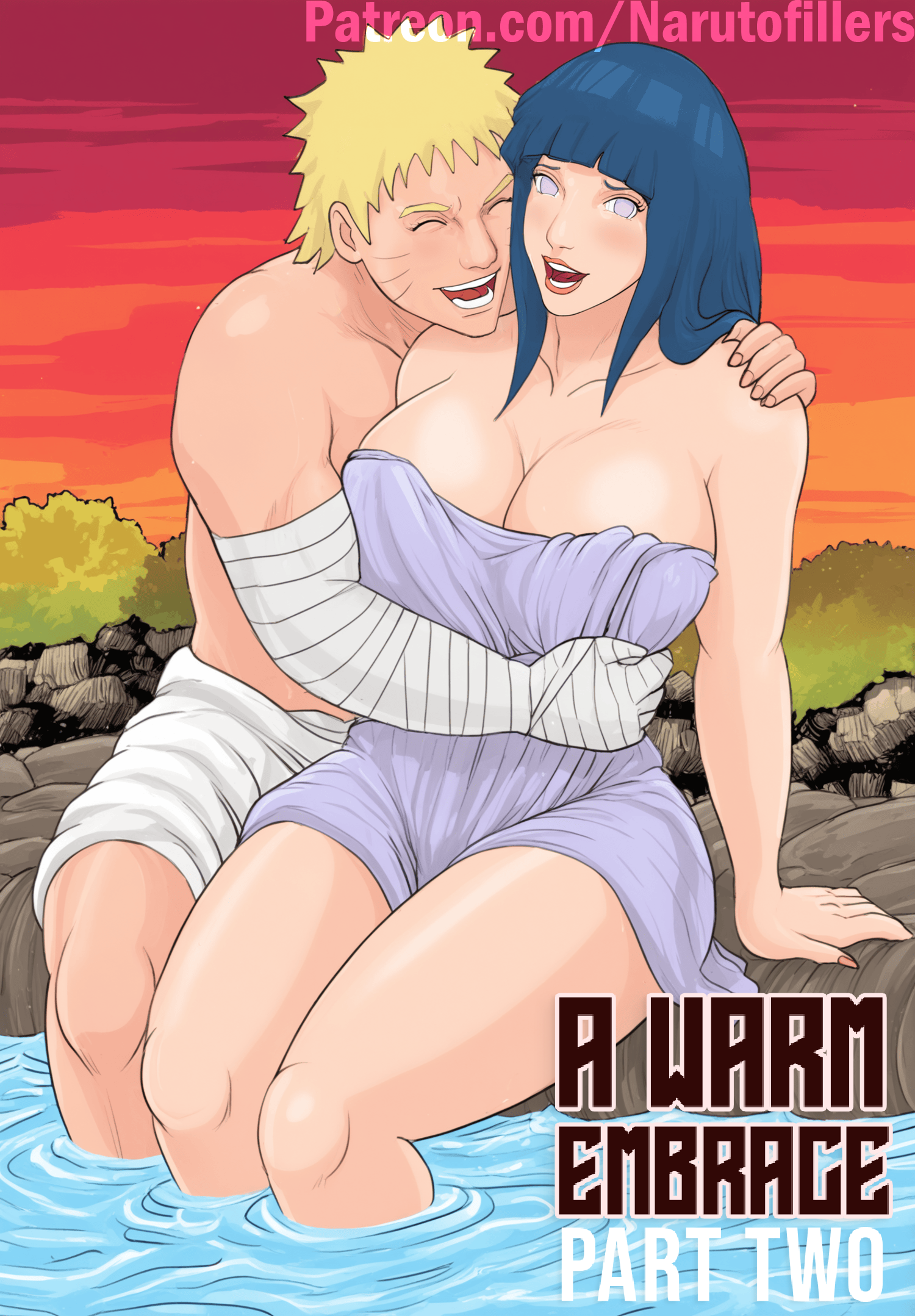 1boy, 1girls, ai generated, bandaged arm, boruto: naruto next generations, canon couple, cleavage, couple, female, hotsprings, hugging, husband and wife, hyuuga hinata, imminent sex, male, manga, manga cover, naruto, naruto (series), naruto shippuden, narutofillers, patreon, sunset, thick thighs, towel, traced, traced art, uzumaki hinata, uzumaki naruto, voluptuous, voluptuous female, watermark