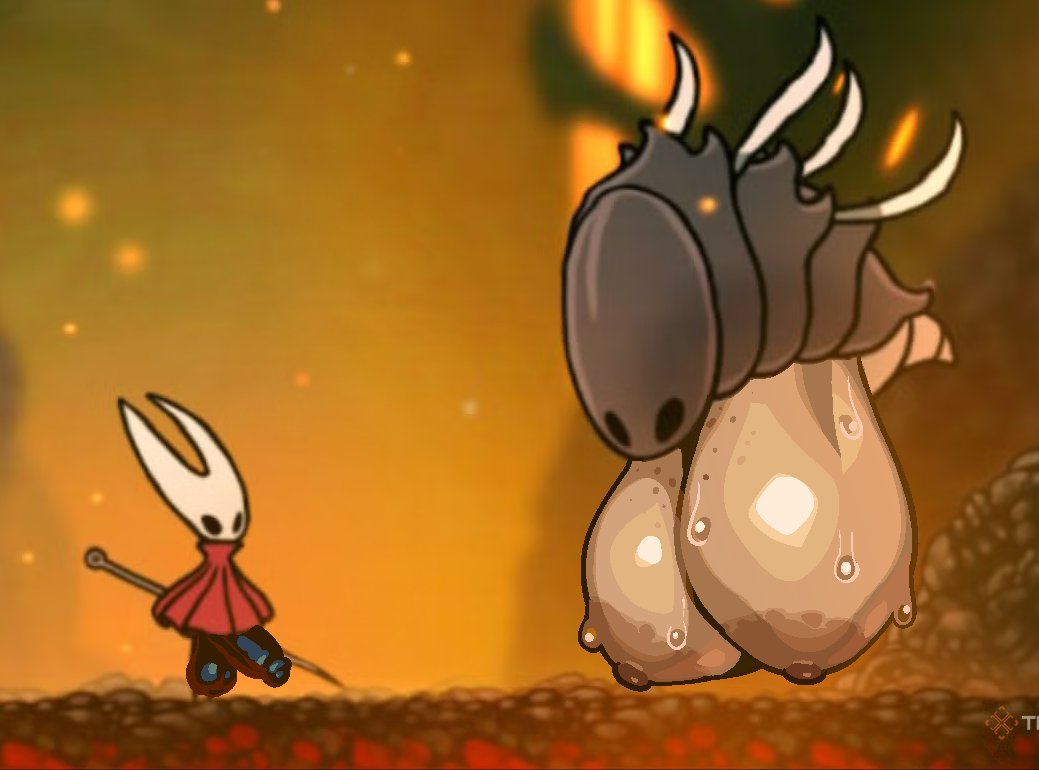 2 horns, 2025, anthro, areola, arthropod, balls, big breasts, biped, black eyes, bodily fluids, breasts, busty feral, cloak, clothing, dieselbrain, duo, female, feral, flying, futanari, genitals, glans, hollow knight, hollow knight: silksong, horn, hornet (hollow knight), huge breasts, humanoid genitalia, humanoid penis, male, melee weapon, nail (weapon), nipples, penis, red cloak, red clothing, savage beastfly, standing, sweat, sweatdrop, weapon, wings