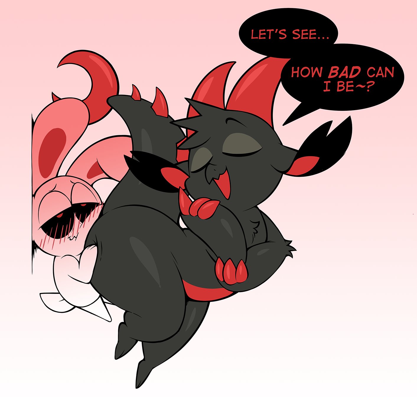 ambiguous sex, anthro, black body, blush, character request, chikn nuggit, demon, dragon, english text, furry, fwench fwy (chikn nuggit), fwench fwy (evil form), horns, iscream (chikn nuggit), rabbit, red face, shiny skin, simple background, sitting on person, spiked tail, suggestive, teasing, thick thighs