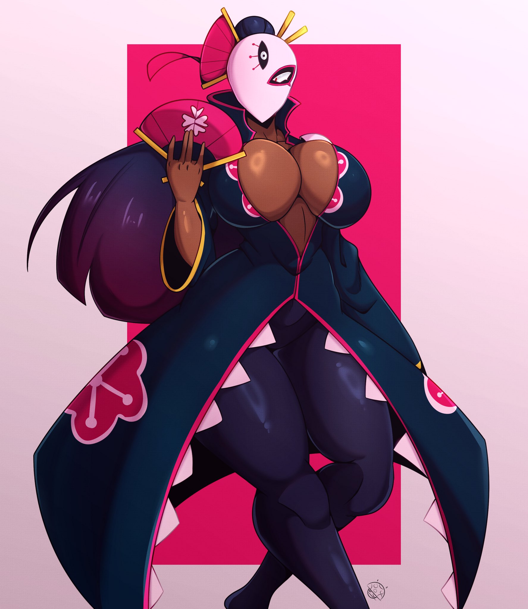 brawl stars, breasts, cleavage, cleavage overflow, clothed, clothed female, dark skin, dark-skinned female, female, large breasts, mask, masked female, multicolored hair, shukuteki tara, solo, solo female, supercell, tara (brawl stars), thick legs, thick thighs, tr yithaz