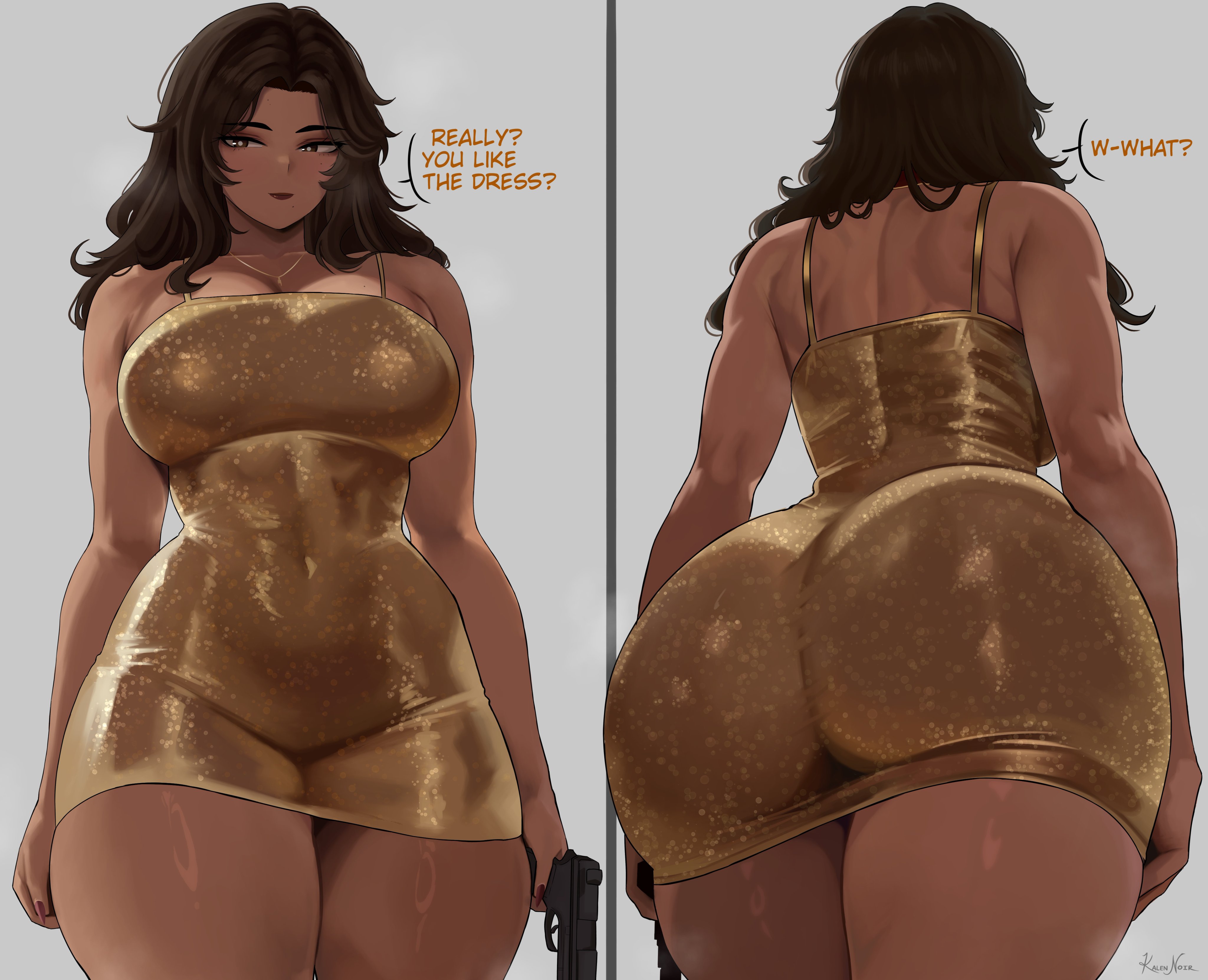 ass, ass focus, big breasts, breasts, brown hair, dark-skinned female, english text, female, gold dress, golden dress, grand theft auto, grand theft auto vi, huge ass, huge breasts, huge butt, kalennoir, low-angle view, lucia caminos, puerto rican, thick ass, thick thighs, thighs, tight clothing, tight dress