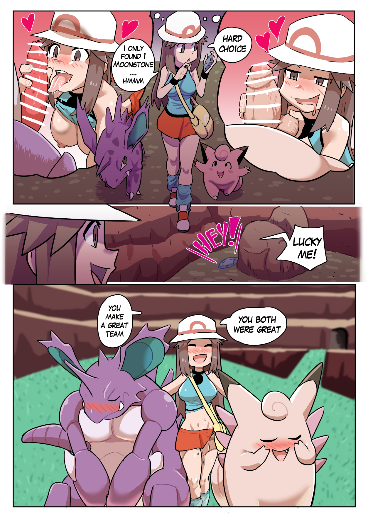 1girls, 2boys, blush, censored, clefable, clefairy, comic, dialogue, drooling, english text, erection, evolution stone, fellatio, female, game freak, highres, human, implied sex, leaf (pokemon), licking, licking penis, male, male pokemon/female human, moon stone, multiple boys, multiple males, navel, nidoking, nidorino, nintendo, nipples, oral, penis, pokemon, pokemon (creature), pokemon (species), pokemon frlg, pokephilia, saliva, speech bubble, text, ukaya masaru, ukaya masaru mx