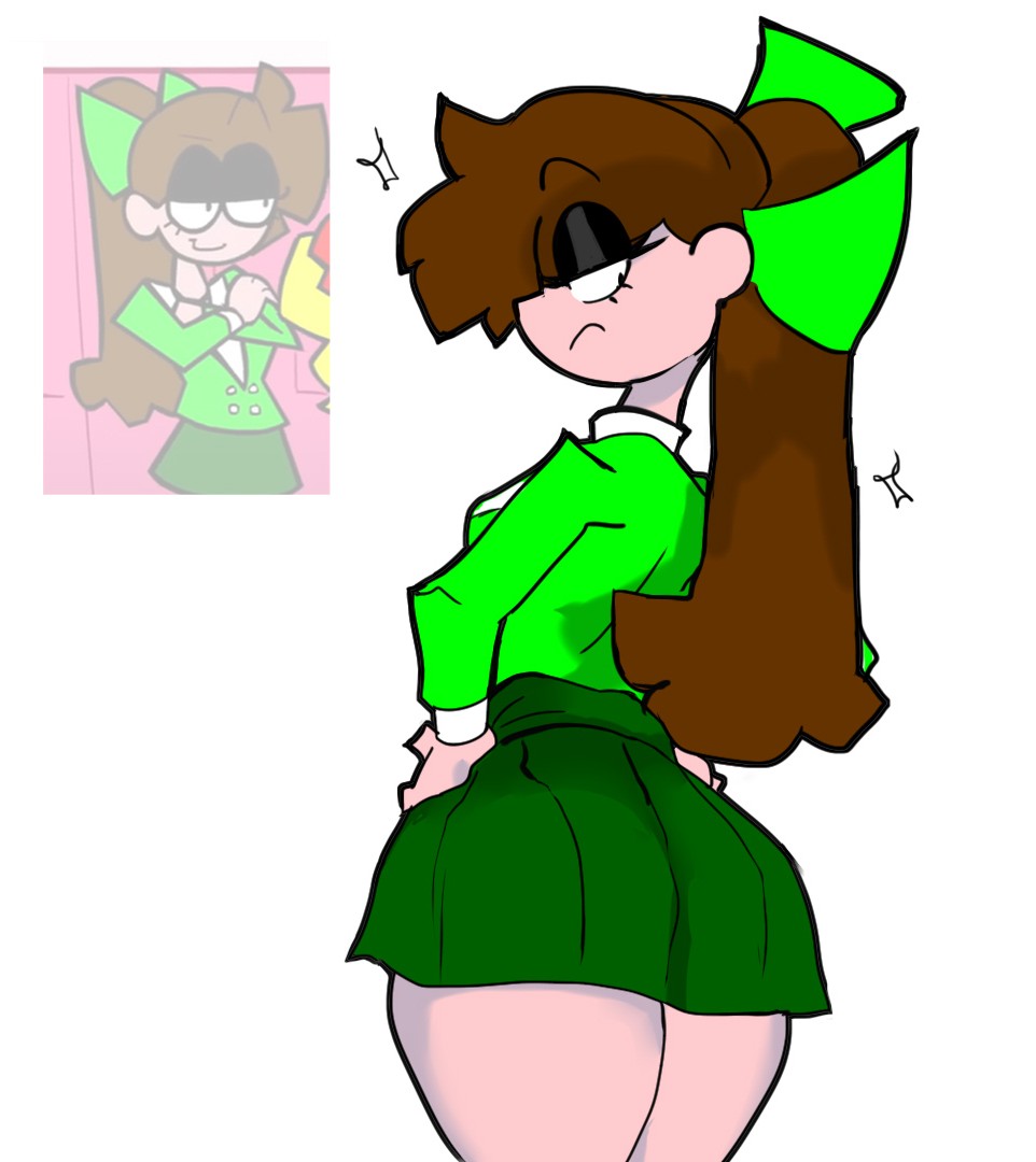 1girls, big ass, brown hair, color, female, female only, fnf, fnf mod, friday night funkin, friday night funkin mod, green clothing, green skirt, hair ornament, heather duke, heathers, heathers (musical adaptation), human, long hair, looking back, ponytail, ri denueth, self upload, skirt, solo, solo female, twitter link, white background