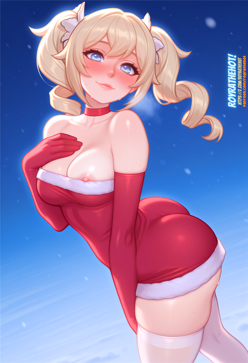 ai generated, ass, barbara (genshin impact), barbara pegg, blonde hair, blue eyes, choker, elbow gloves, genshin impact, nipple slip, red choker, red elbow gloves, royrathehot, santa costume, santa dress, simple background, thighhighs, twintails, watermark, white thighhighs