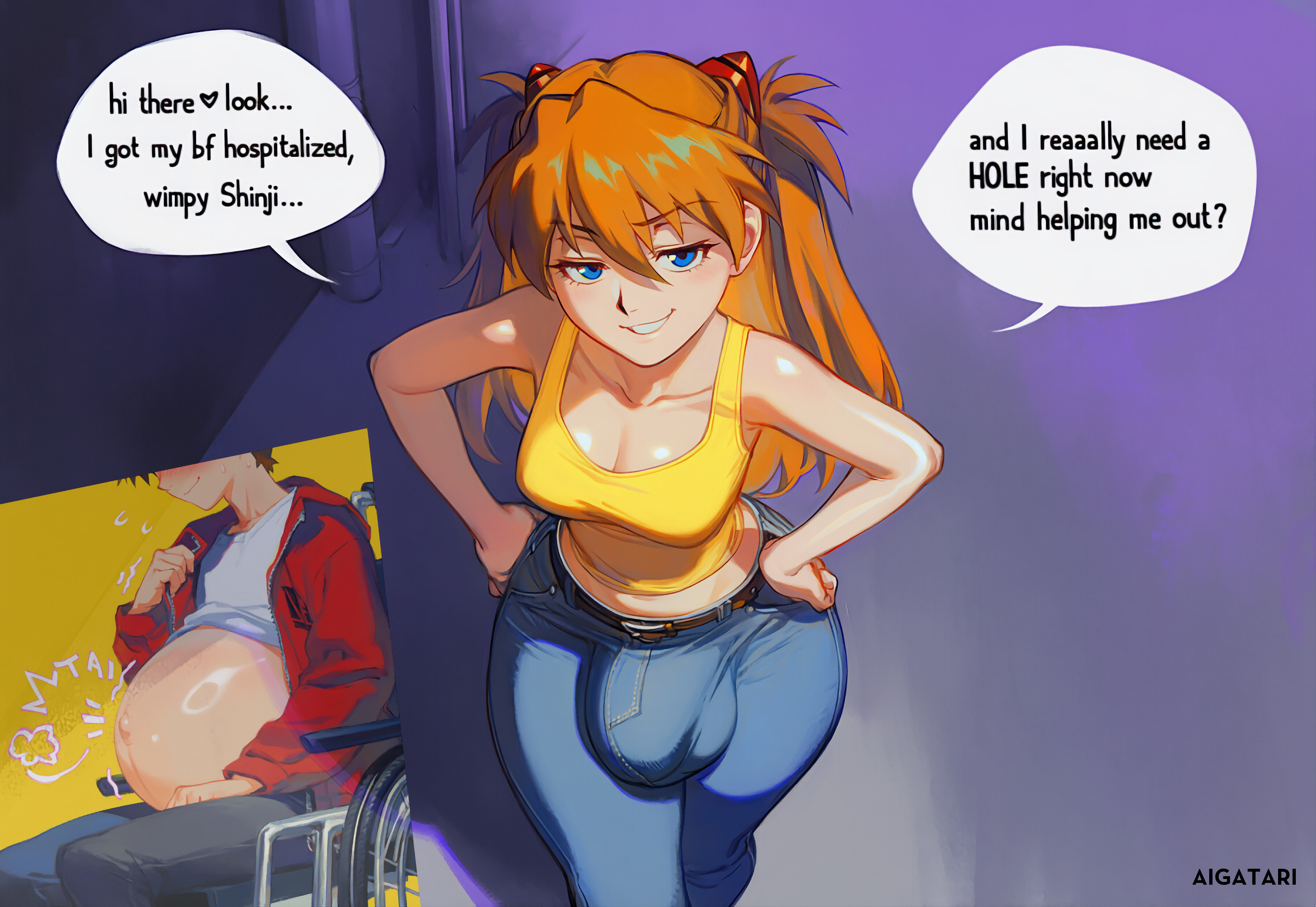 1boy, 1femboy, 1futa, ai generated, aigatari, anal, asuka langley sohryu, balls, breasts, bulge, faceless male, feminine male, futa on male, futanari, huge balls, huge cock, intersex, jeans, male, male pregnancy, medium breasts, mpreg, neon genesis evangelion, otoko no ko, penis, pregnancy, pregnant, pregnant male, ready to pop, shinji ikari, smug, wide hips